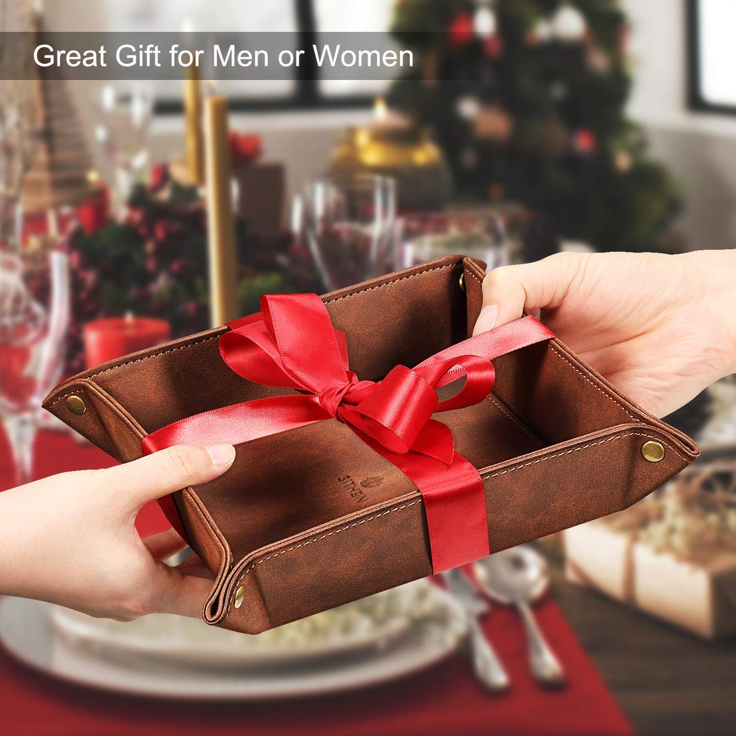 SITHON Valet Tray Desktop Storage Organizer – Premium PU Leather Catchall Bedside Vanity Tray Nightstand Caddy Holder for Remote Controller, Keys, Phone, Wallet, Coin, Jewelry, Brown