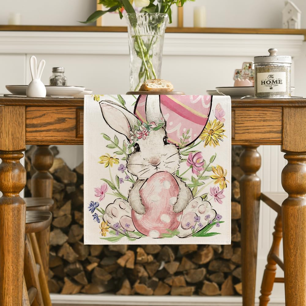 Bunny Rabbit Egg Flower Easter Table Runner, Seasonal Spring Kitchen Dining Table Decoration for Home Party Decor 13x72 Inch
