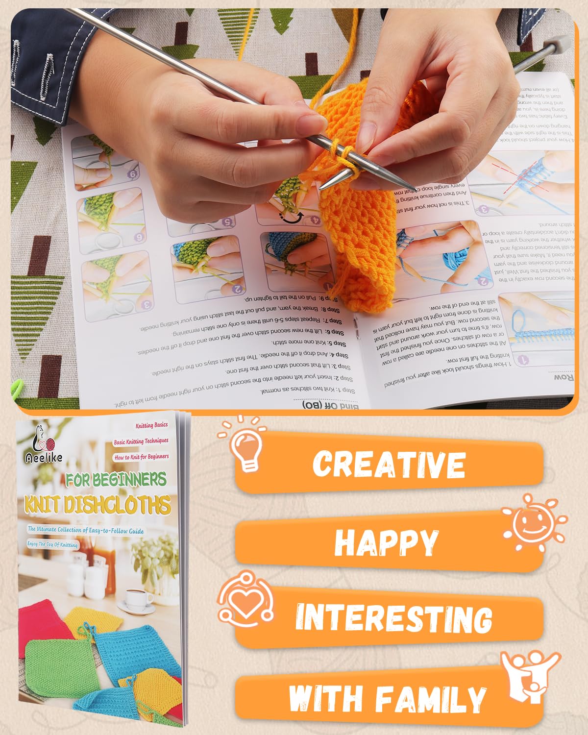 Knitting Kit for Beginners, Complete Beginner Knitting Kit Easy Knitting Set Including Knitting Needles Set Cotton Yarn, Learn to Knit Dishcloth with Step-by-Step Instructions, Colorful