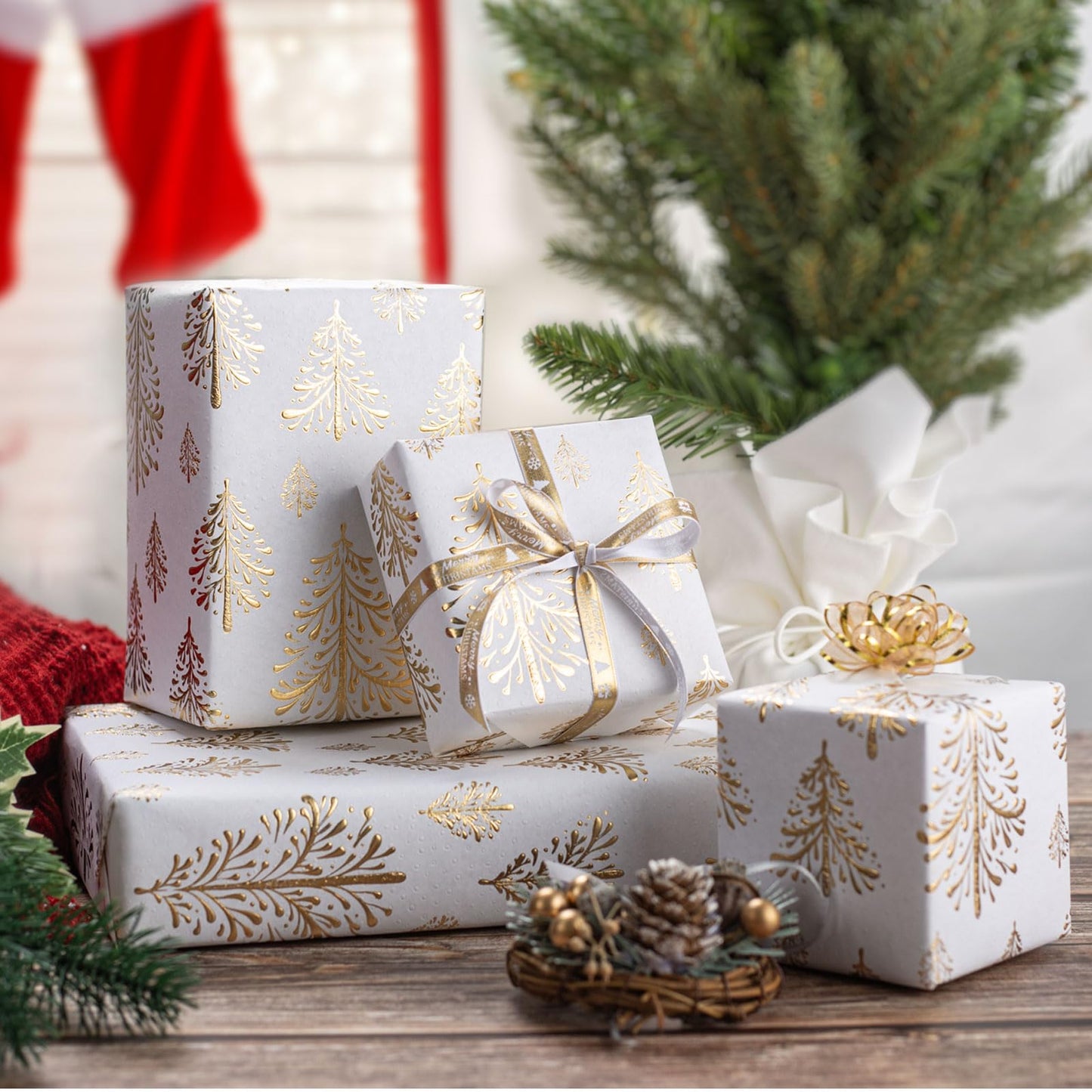 Kraft Christmas Wrapping Paper,White Gold 3D Embossed Foil Christmas Tree with Woodlands Wrap Paper for Holiday, Party,Celebration, New Year (17 Inch X 32.8 Feet)