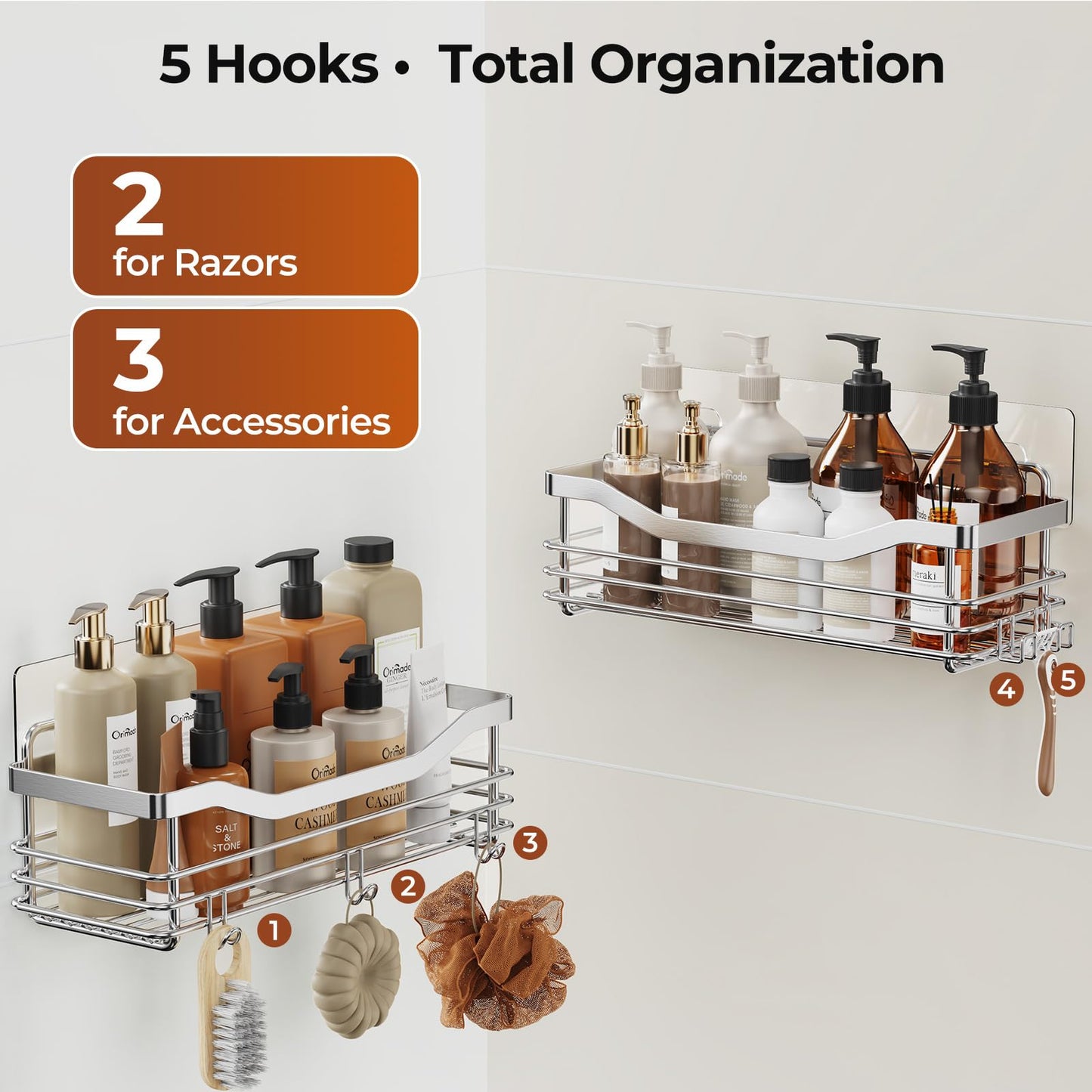 Orimade Shower Caddy Basket Shelf with 5 Hooks Adhesive Organizer Storage Rack Rust Resistant Wall Mounted Stainless Steel No Drilling for Bathroom, Toilet, Kitchen - 2 Pack