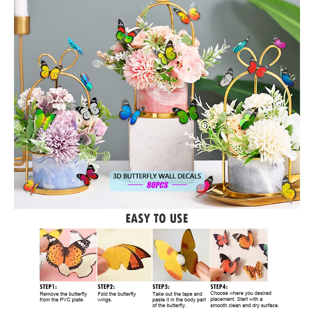 80pcs Butterfly Wall Decor - Plastic Butterflies Wings Foldable Removable Waterproof Reusable Mural Wall Stickers for Home Room Bedroom Nursery Party Wedding Decorations