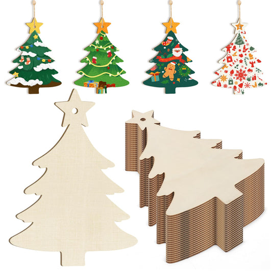 Wooden Christmas Ornaments to Paint Christmas Tree Decoration Cutouts Unfinished 24PCS 3.5 x 3 inches, DIY Blank Unfinished Christmas Tree Wood Discs Ornament for Home Crafts Hanging