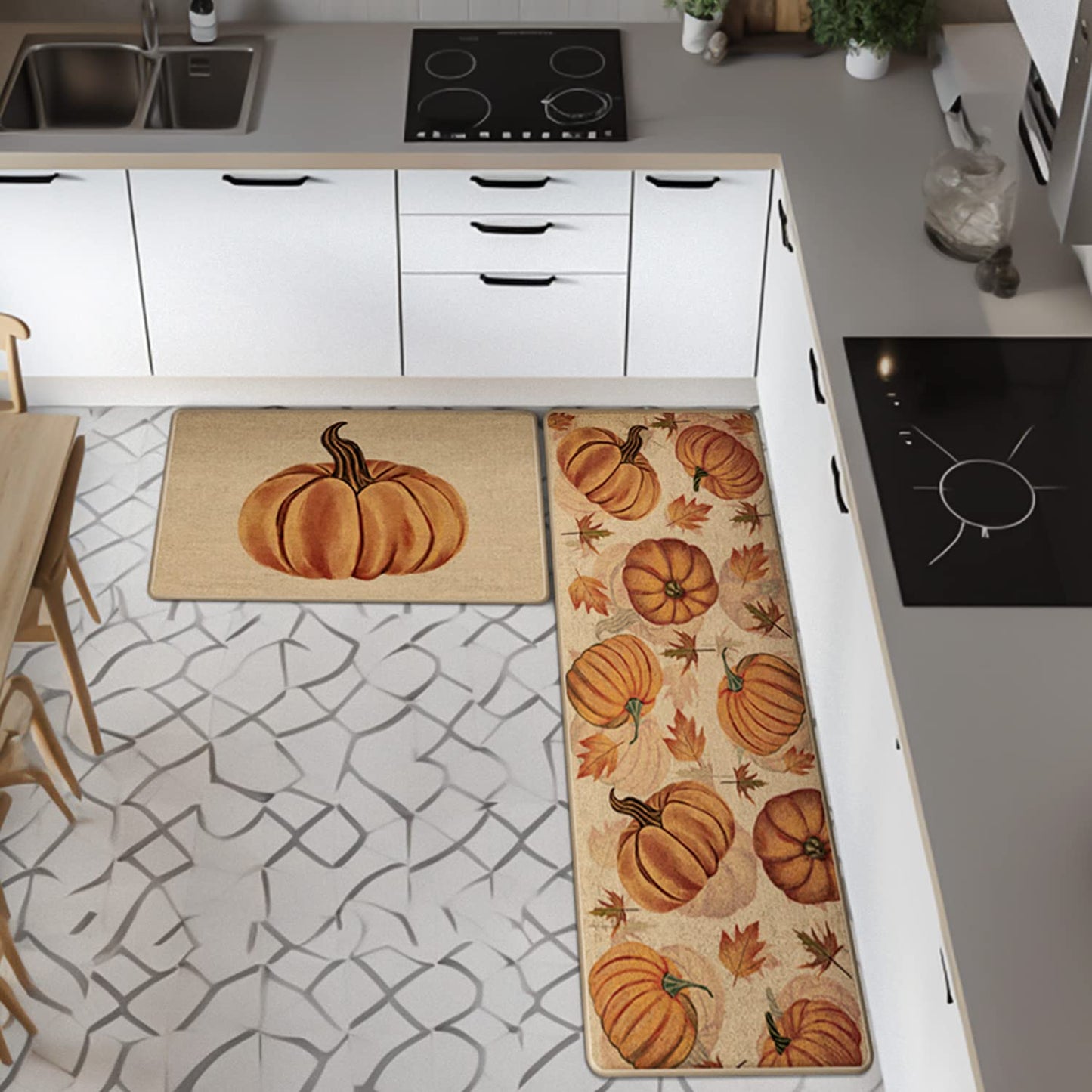 Fall Pumpkin Kitchen Mats Set of 2, Non-Slip Absorbent Rug and Door Mats, Seasonal Thanksgiving Autumn Home Decor Kitchen Floor Mat 17x29 and 17x47 Inch DM087