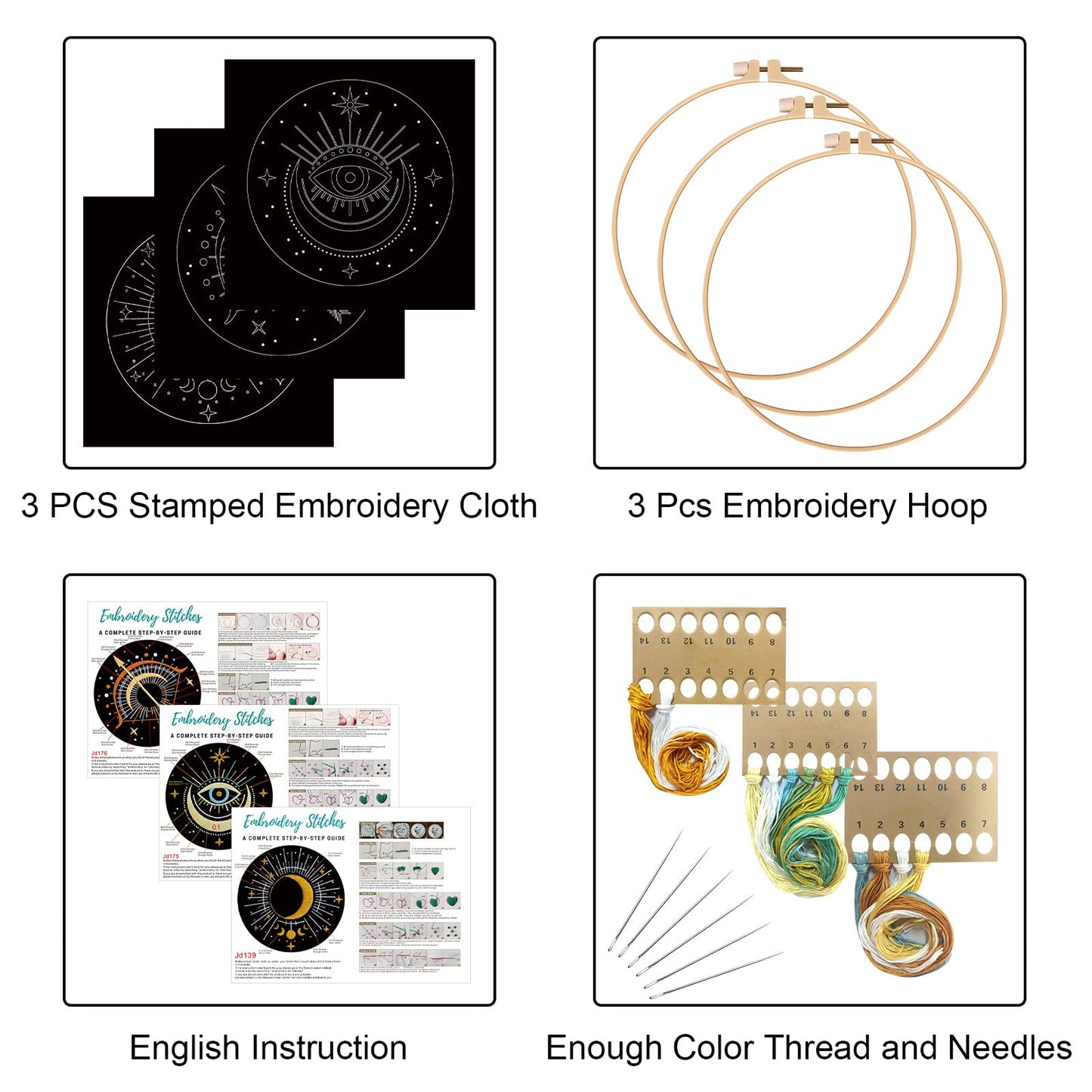 Louise Maelys 3 Set Tarot Moon Embroidery Kits for Beginners with Evil Eye Pattern,Adults Starter Cross Stitch Kit DIY Needlepoint