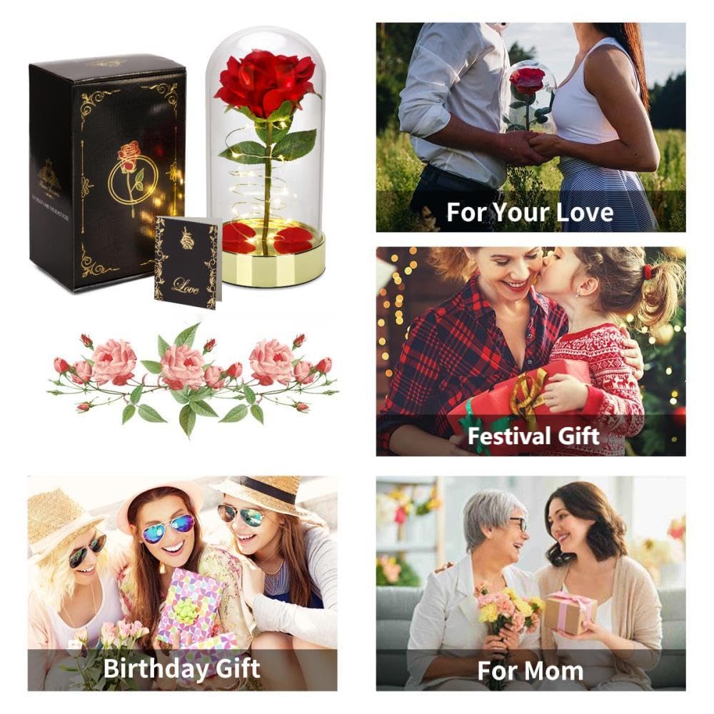 Forever Rose Gift Valentines Day Rose Gifts for Her,Gifts for Women Mom Wife Girlfriend, Light Up Rose in Glass Dome for Wedding Home Office Decor