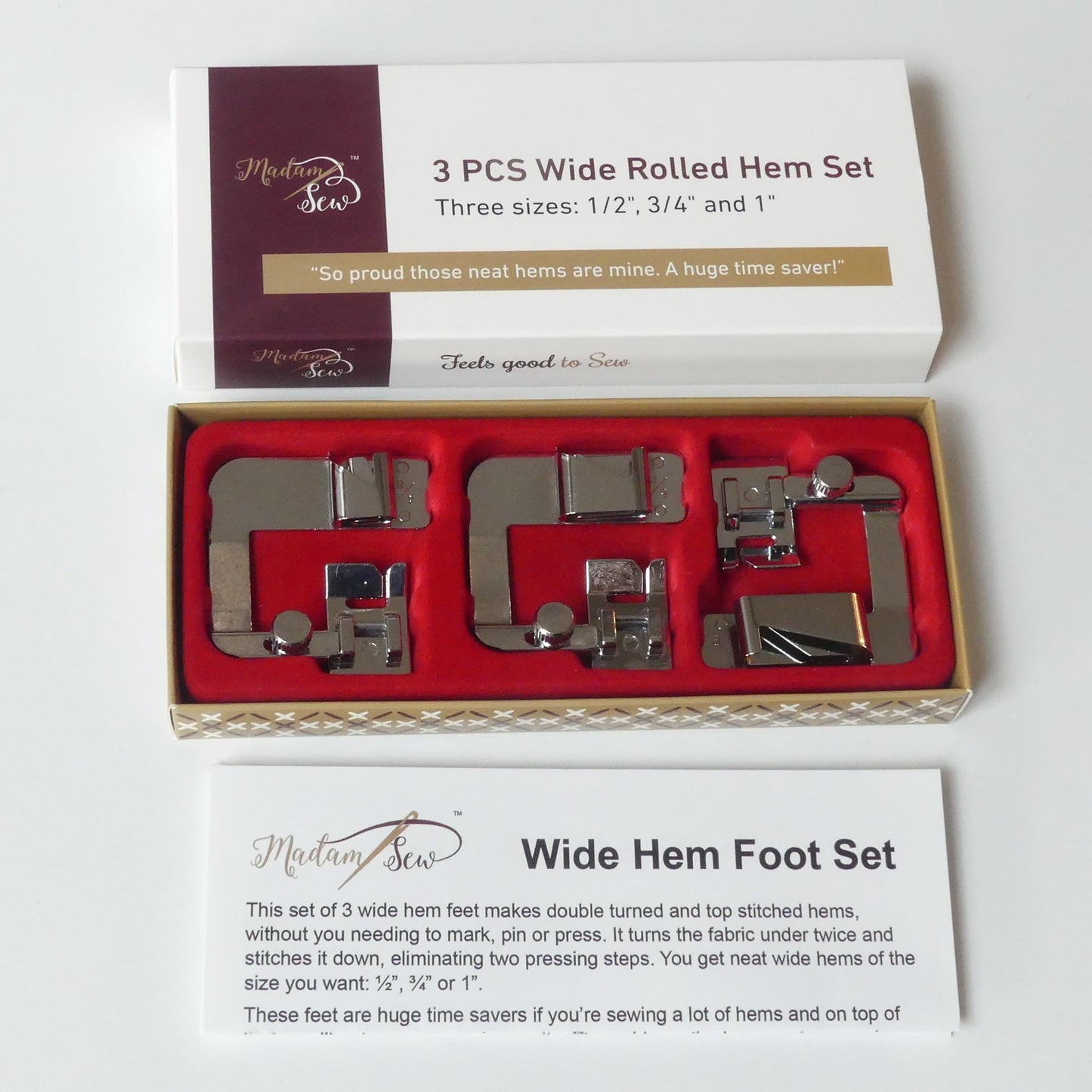 Madam Sew Rolled Hem Presser Foot Set – 3 Piece Wide Hemming Foot Kit Includes 1/2”, 3/4" & 1” Presser Feet – Rolled Hem Foot Compatible with Most Models of Singer, Brother, Babylock, Euro-Pro, Janome