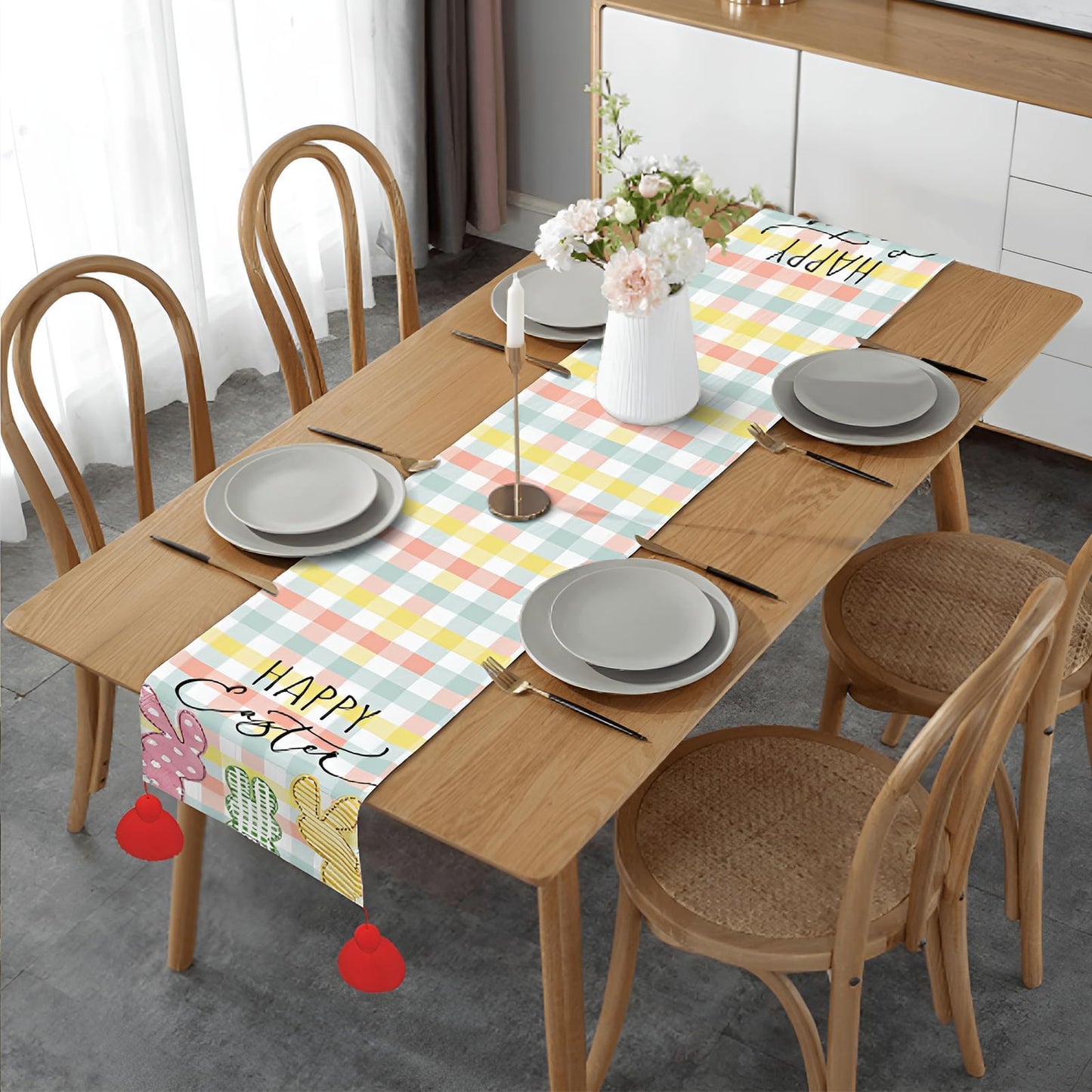 Buffalo Plaid Rabbit Bunny Happy Easter Table Runner, Easter Decorations, 13x72 Inch Check Stripes Kitchen Table Decor, Spring Kitchen Dining Table Decoration for Home Party Decor