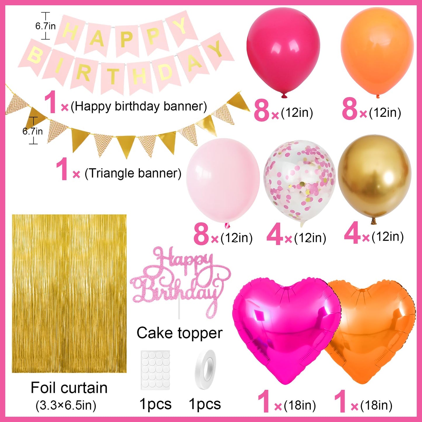 Pink Orange Party Decorations,Birthday Decorations with Hot Pink Orange Gold Balloons Happy Birthday Banner Fringe Curtain for Girls Women Teens Kids Party Decor