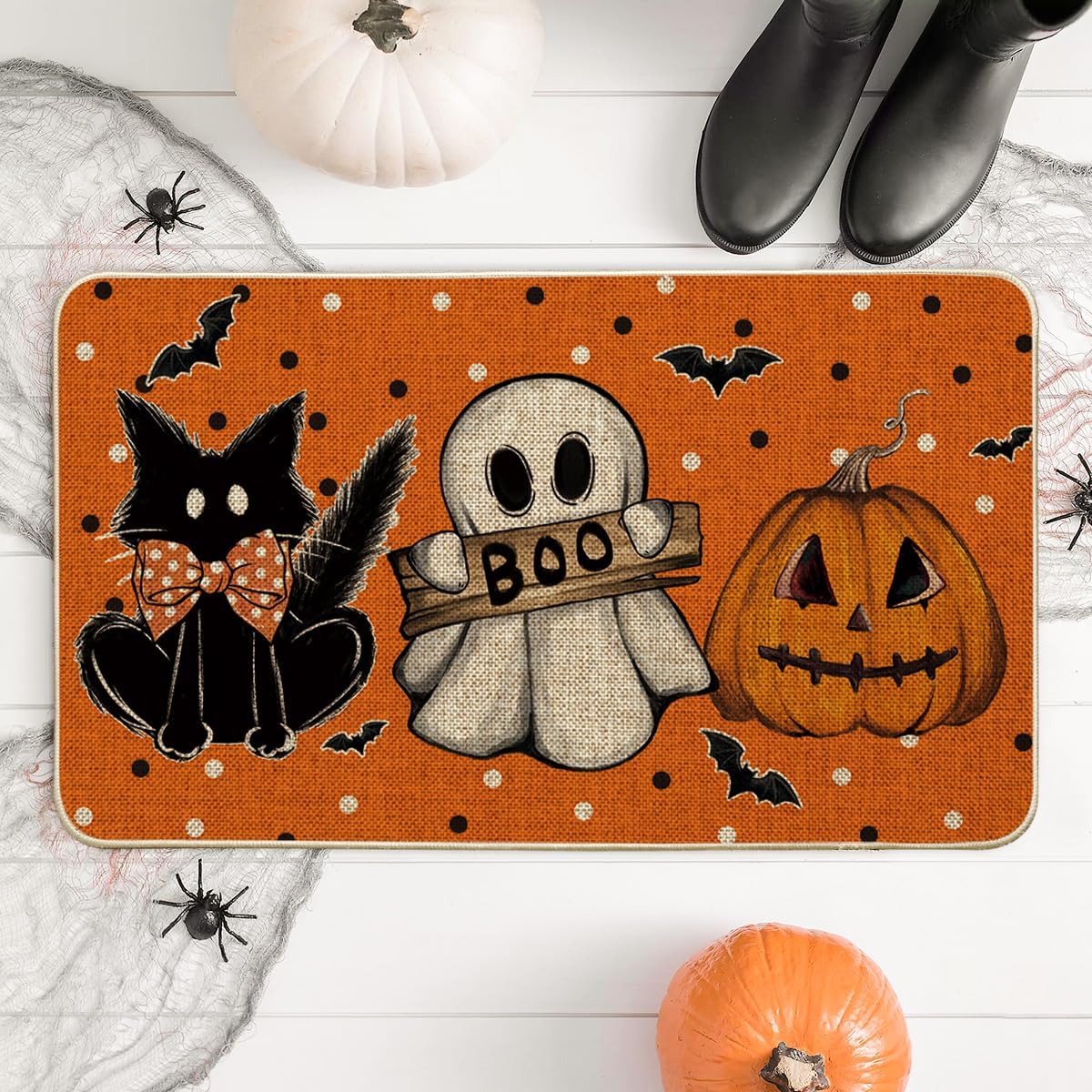 Artoid Mode Orange Cat Jack-O'-Lantern Ghost Pumpkins Halloween Doormat, Seasonal Low-Profile Floor Switch Mat for Indoor Outdoor 17x29 Inch