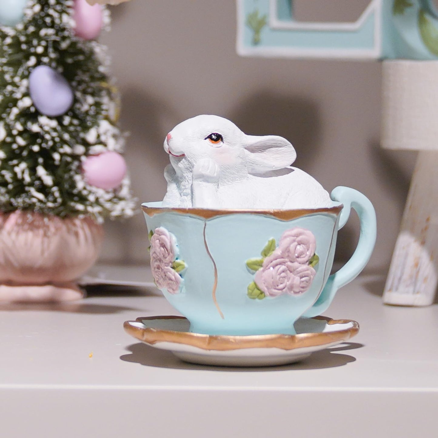 Easter Bunny Decorations Rabbit-Figurine Easter-Gift - Spring Bunny Statues Table Centerpieces Rabbits in Blue Cup Rabbits Sulpture for Indoor Home Farmhouse Decor 3.25*2.75*3 inch Newman House Studio