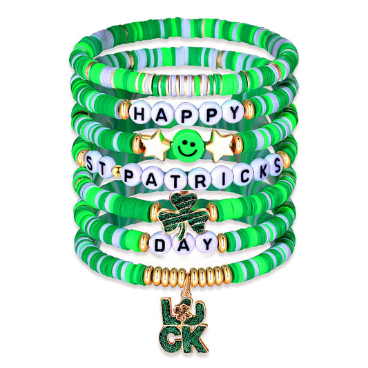 XOCARTIGE Surfer Heishi Bracelets for Women Stackable Rainbow Vinyl Disc Clay Beaded Stretch Bracelets Elastic Layering Friendship Bracelets Boho Summer Beach Jewelry (St.Patrick's Day 1)