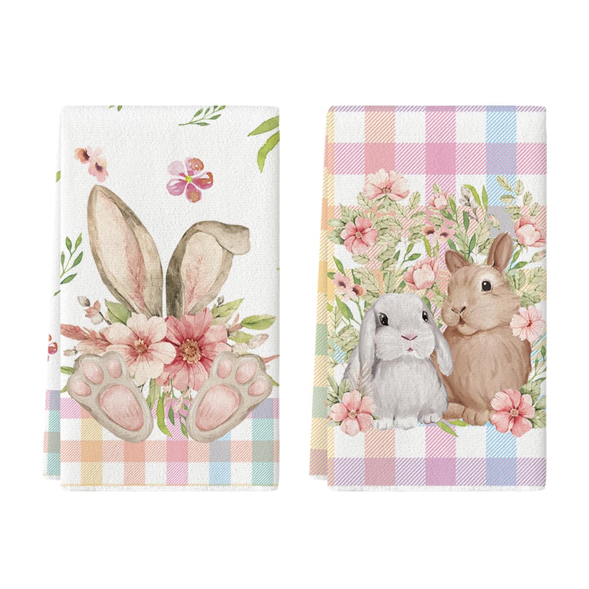Colorful Buffalo Plaid Bunny Rabbit Flower Easter Kitchen Towels Dish Towels, 18x26 Inch Seasonal Decoration Hand Towels Set of 2