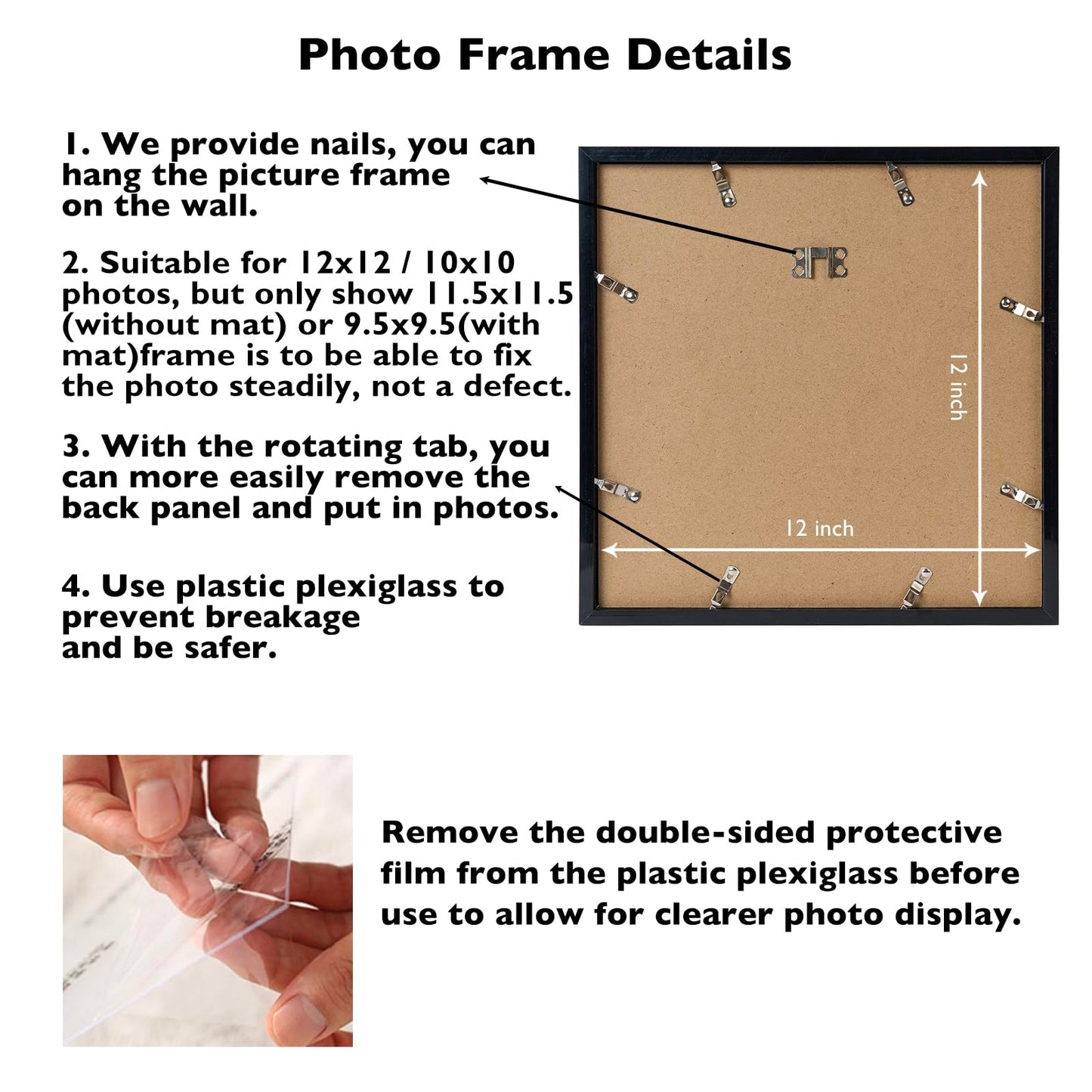 JCJMY 12x12 Picture Frame with Mat for 30 x 30cm Diamond Art Painting, Display Photo 10x10 or 12 x 12 Without Mat, Wall Hanging Large Frame with Plexiglass, Black
