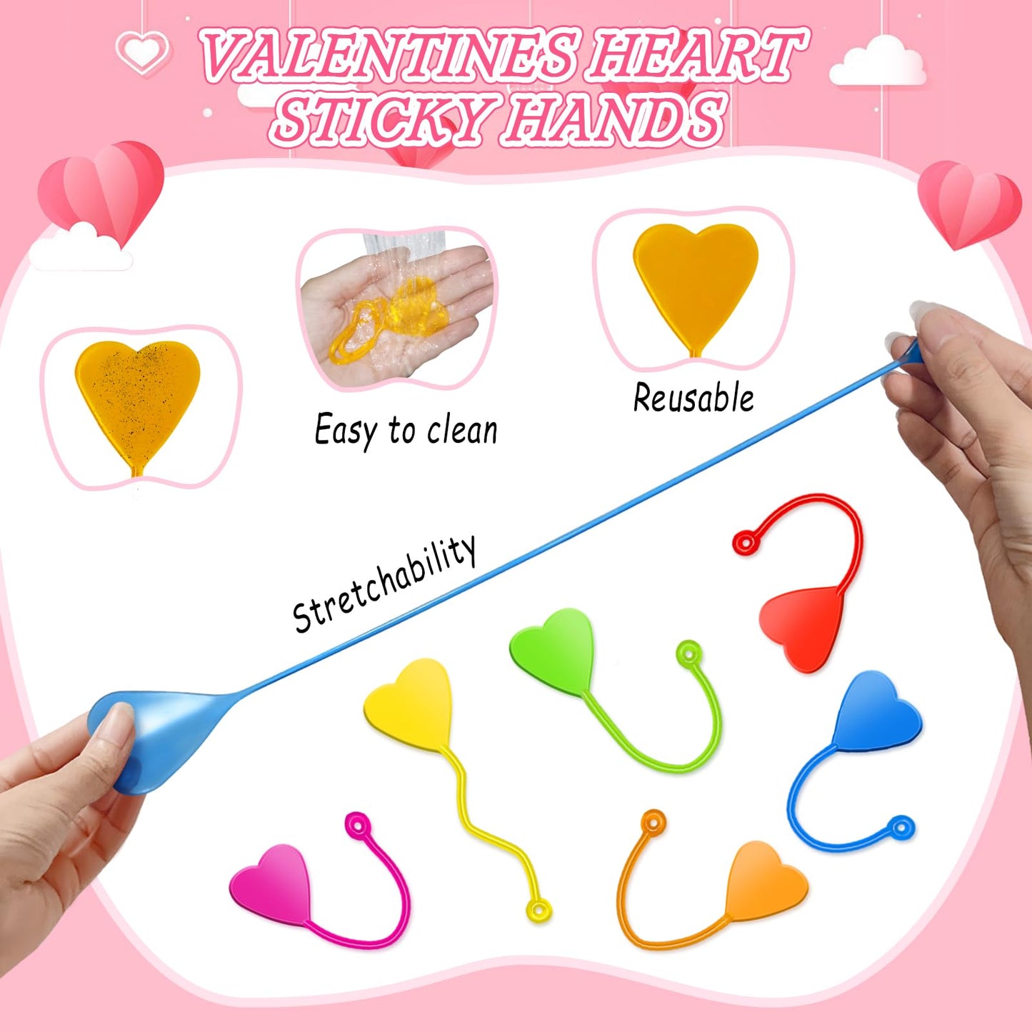 Valentines Sticky Hands Bulk 48PCS Valentines Day Gifts for Kids Classroom Prizes Valentines Party Favors for Kids Stretchy Heart Sticky Hand Toy Valentines Day Goodie Bag Stuffers Kid Party Supplies