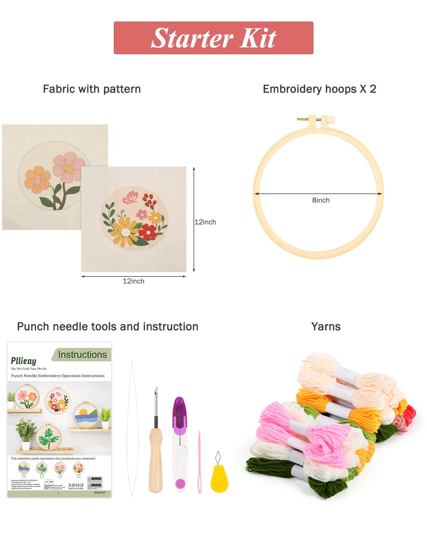 Pllieay 2 Set Punch Needle Embroidery Starter Kits Include Instructions, Punch Needle Fabric with Pattern, Yarns, Embroidery Hoops for Rug-Punch & Pinch Needle