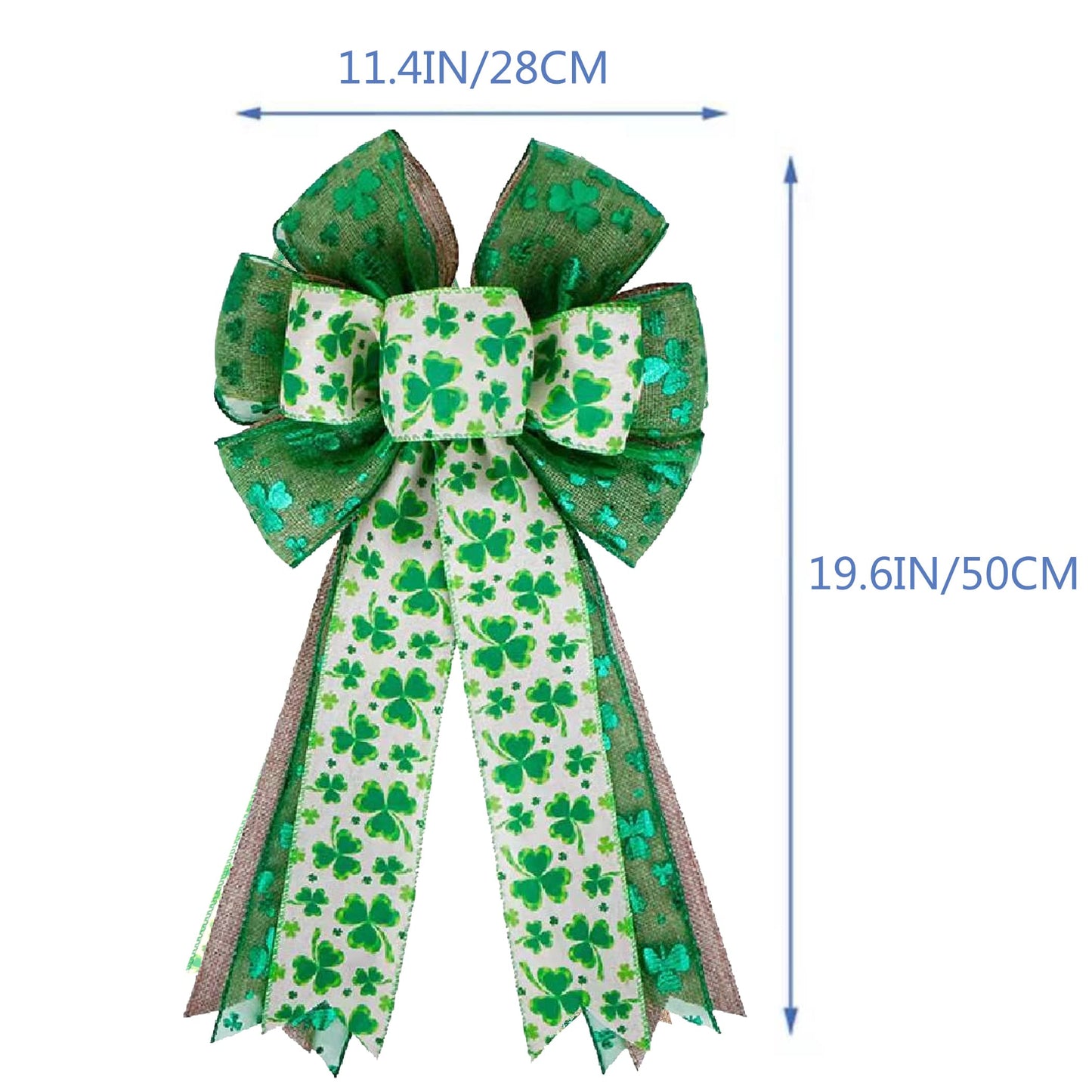 St Patricks Day Bow for Wreath Decorations,St Patricks Day Tree Topper Bows,Large Burlap White Green Glitter Shamrock Bowknot Irish Holiday Crafts Bows for Front Door Outdoor Outside