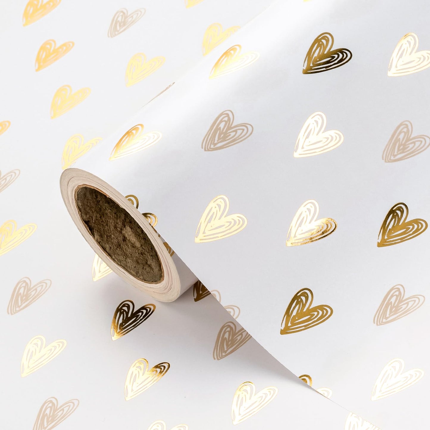 Heart Wrapping Paper Roll - Mini Roll - 17 Inch x 16.5 Feet - Gold Foil Heart Design for Valentines Day, Wedding, Bridal Shower, Birthday, Baby Shower