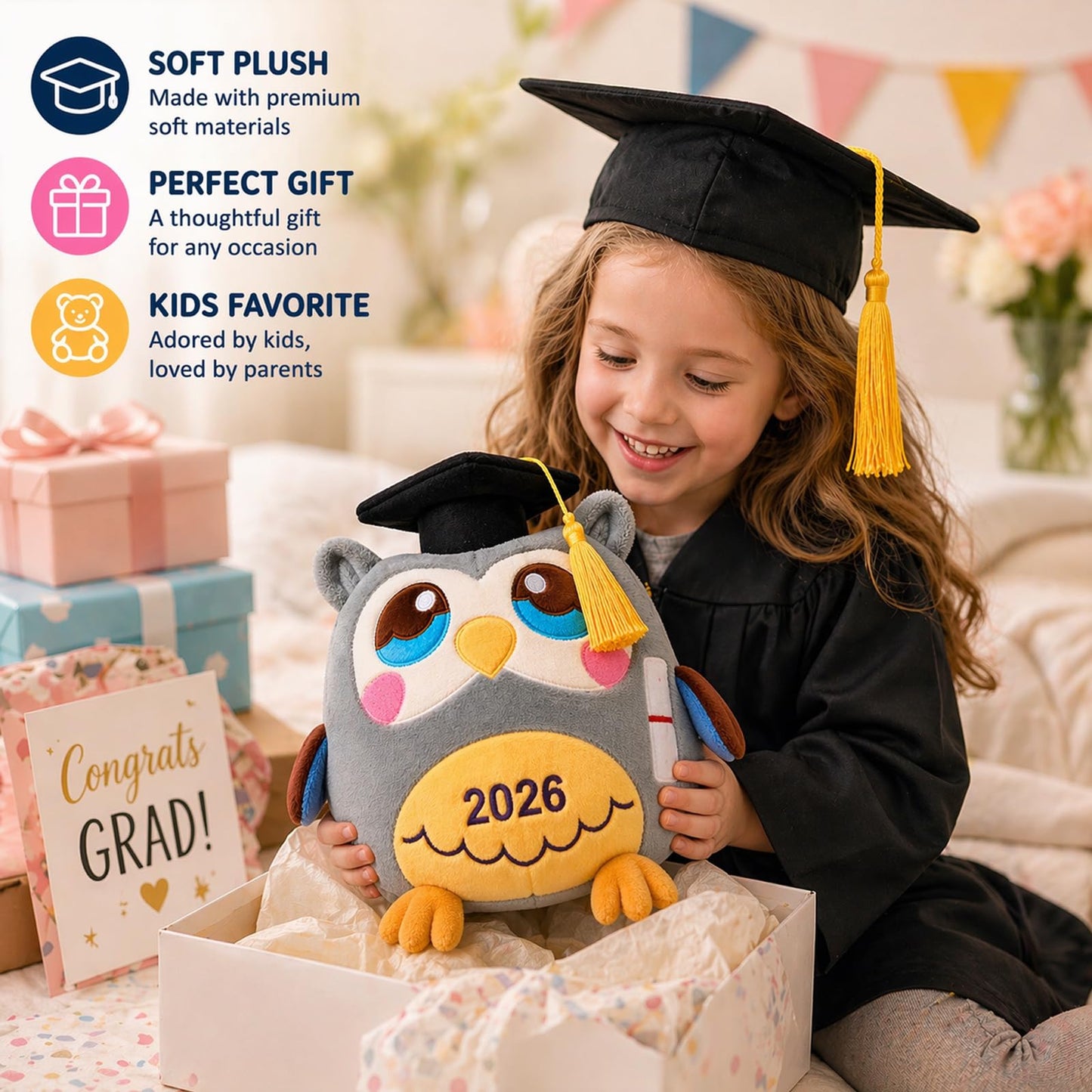 Rdogeia Graduation Stuffed Animal 2026,11.8" Graduation Owl Plush Stuffed,Kindergarten Graduation Gifts for Kids Boys Girls,Class of 2026 Kindergarten Preschool,with Black Cap