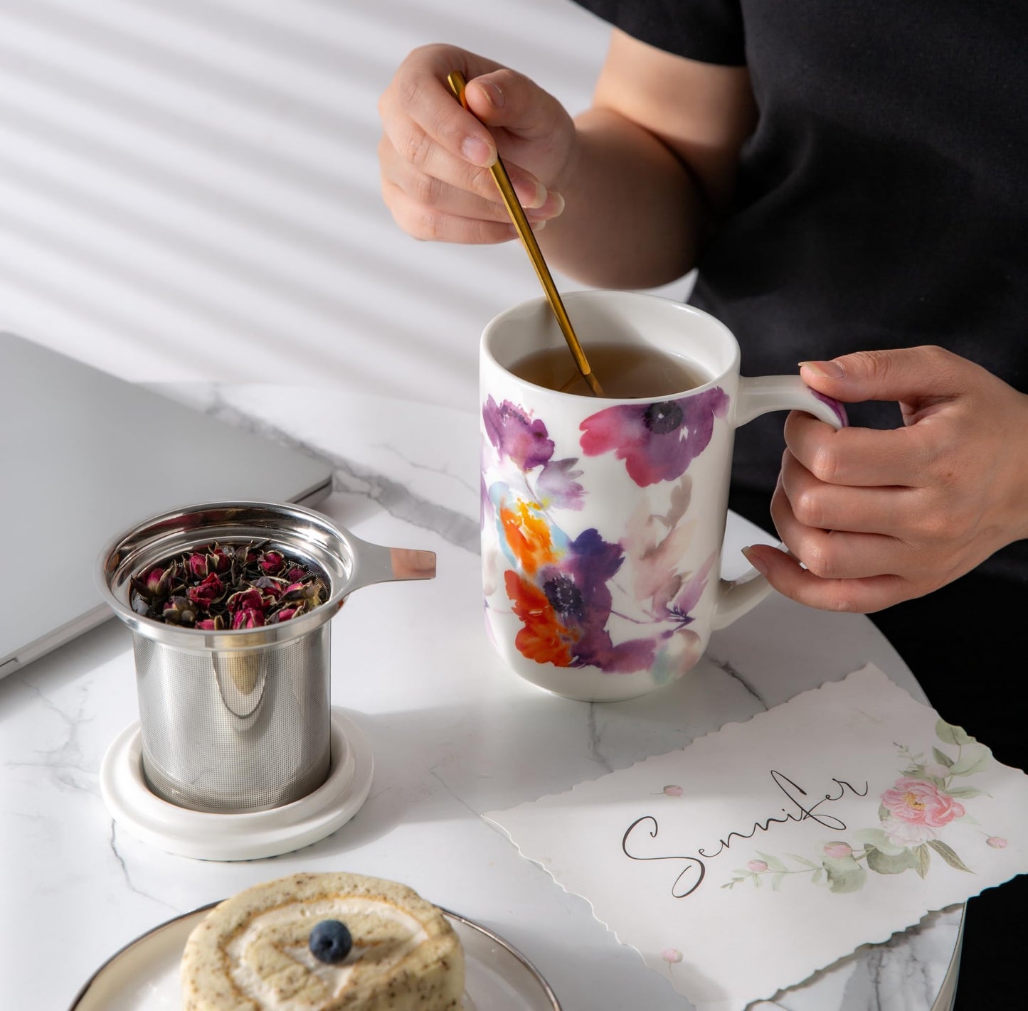 Porcelain Tea Mug with Infuser and Lids, 18 Oz Large Cup Strainer with Bag Holder for Loose Leaf Tea, Steeping Coffee Mug for House-warming Wedding Birthday Gift