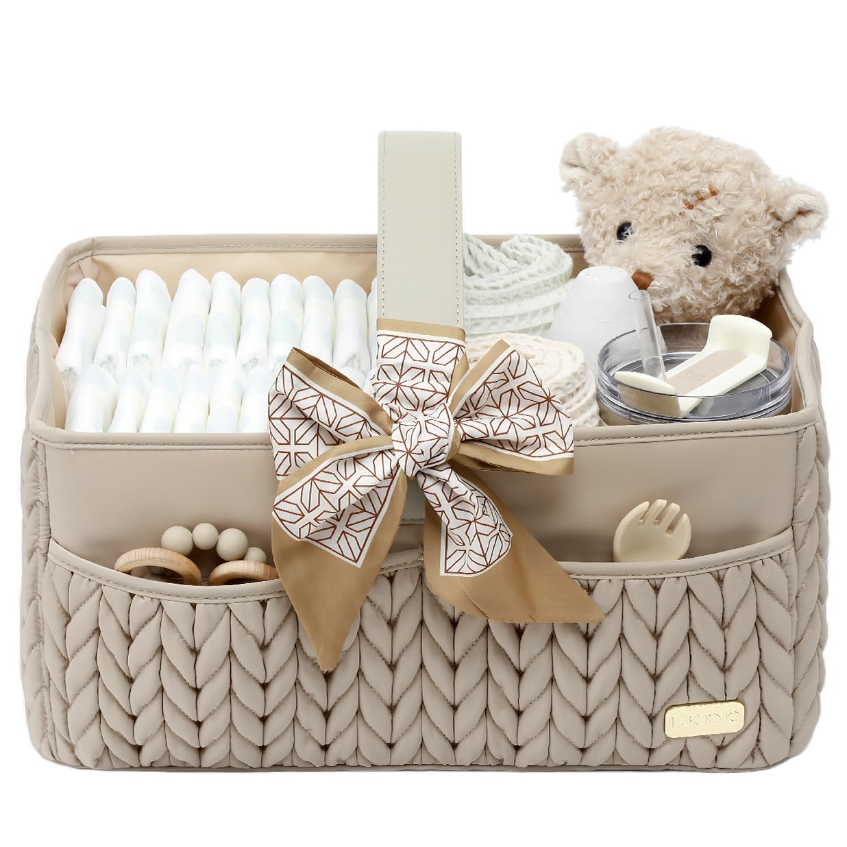 LUKJOJO Luxurious Baby Diaper Caddy, Nursery Storage Basket for Newborn Essentials, Travel Baby Basket for Diapers Baby Wipes, Organizer Tote Bag Storage Bin, Baby Shower Gifts(Beige)