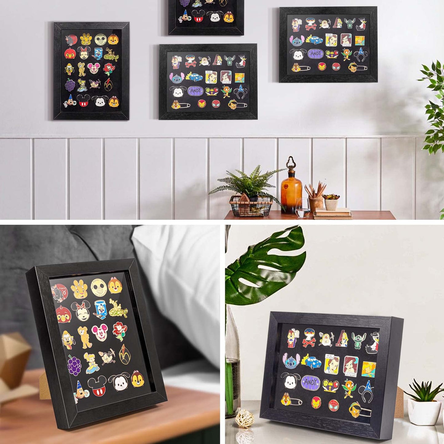 Pin Display Frame, 7x9 Shadow Box for Wall and Tabletop Mount, Pin Collection Display, Brooch Holder for Enthusiast, Black