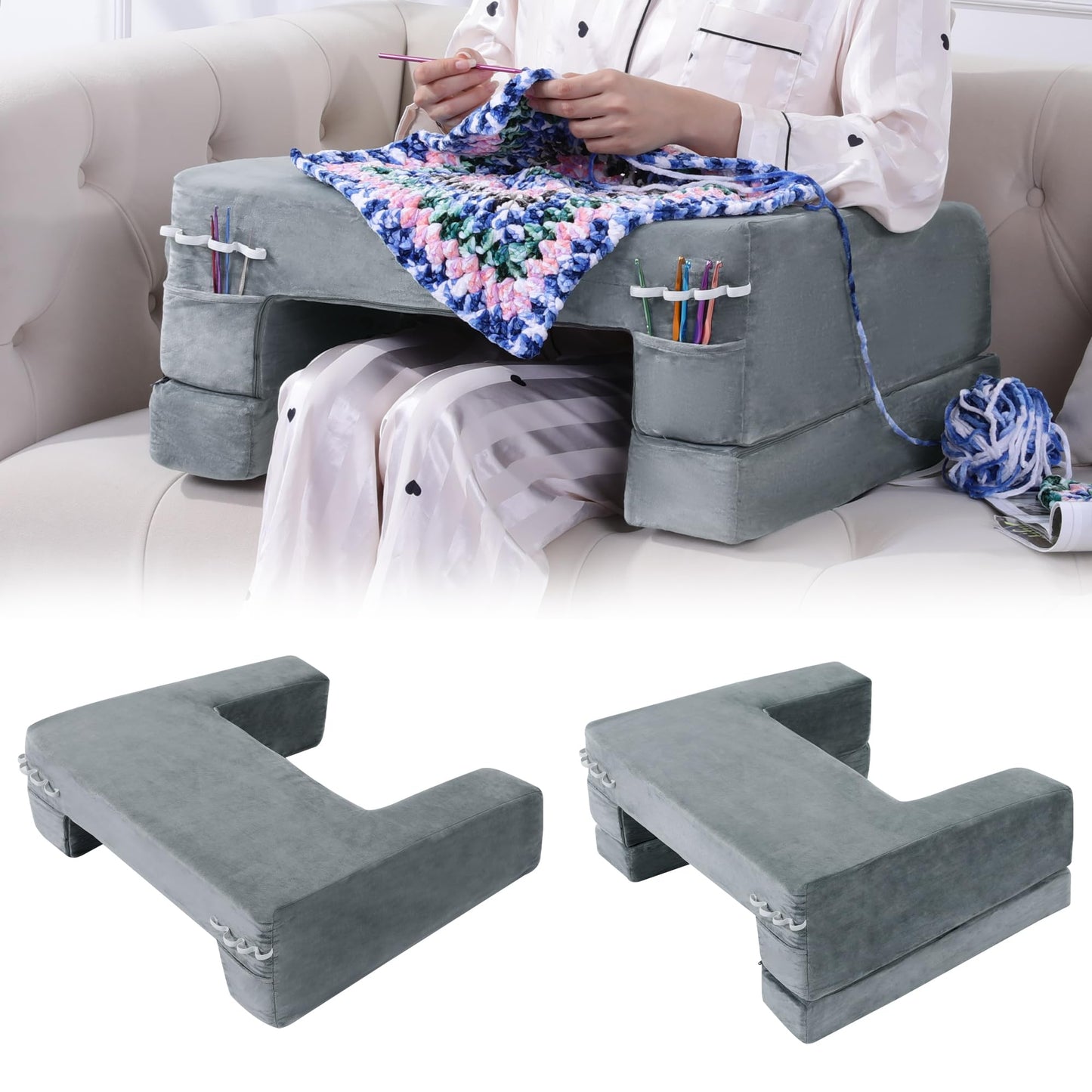 Adjustable Foam Crochet Pillow for Lap Support, Soft Velvet Reading & Gaming Pillow with Side Pocket and Elastic Band, Desk Pillow for Sofa, Bed & Floor, 2 Heights for Adjusting, (Grey)