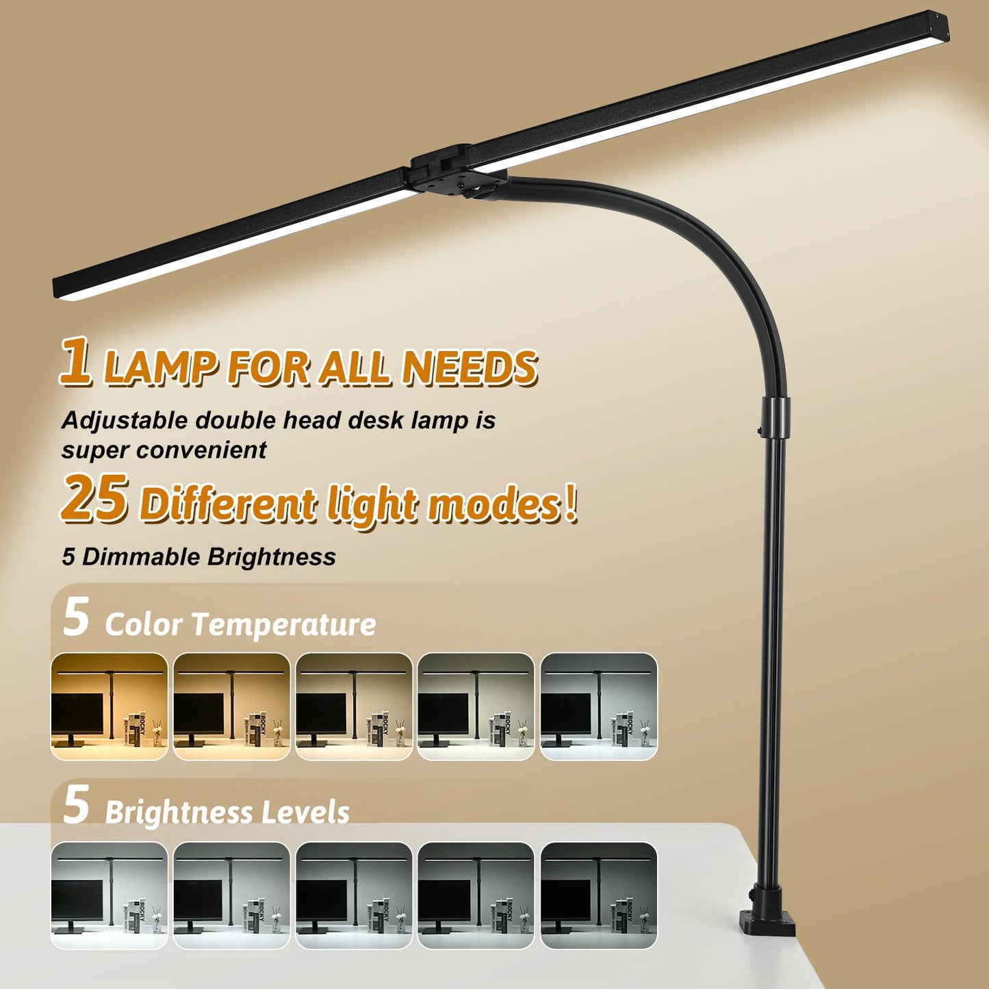 MACASA LED Desk Lamp for Office Dorm Home - Eye Caring Desk Light with Timer, Remote Control 24W Brightest Dual Screen Computer Monitor Gooseneck Dimmable Table lamp with Anti-Glare Cover Clamp