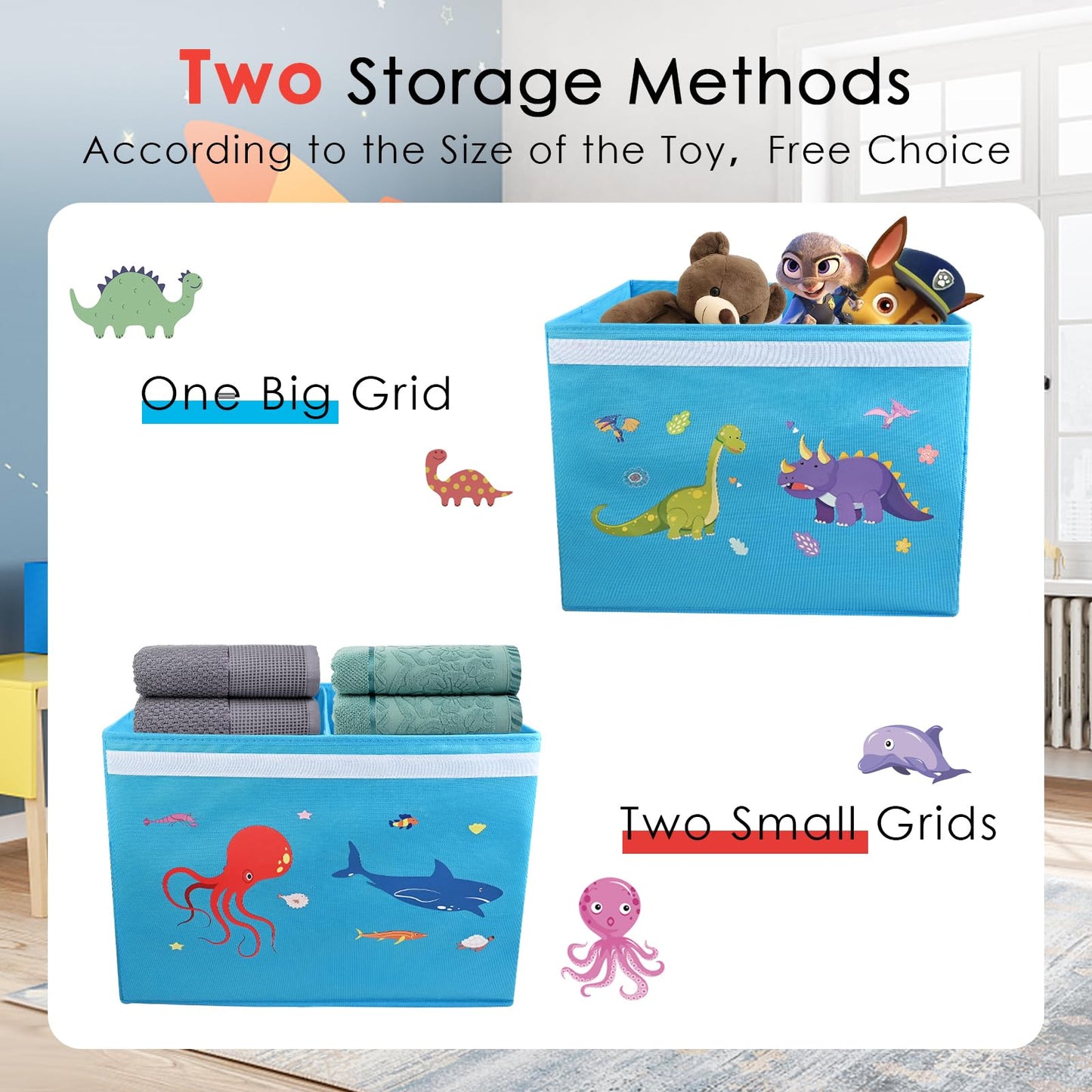 Two Pcs Toy Chest for Boys Girls 18x16x14 Inch, Baby Shark, Collapsible Dinosaur Toy Box with Lid, Blue, Kids Toy Box for Boys Girls