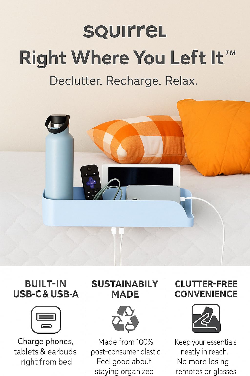 Squirrel-Bedside Perch, Floating Organizer with USB-C & A Charging Ports, Great Bedside Shelfie, Gift for teens and college freshman, for Gamers, Dorm room gifts. Assembly in 1 minute. Light Blue