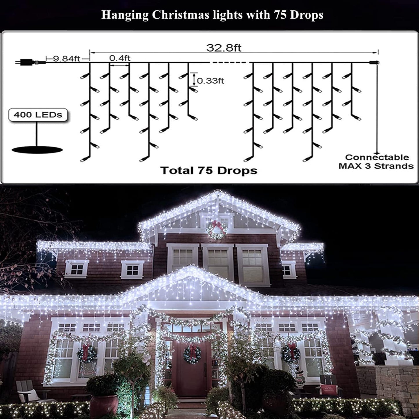 Led Christmas Lights Outdoor Christmas Decorations Hanging Light 400LED 8 Modes 75 Drops, Waterproof Outdoor Indoor Fairy Christmas Lights for Party, Holiday, Wedding, Eaves Decorations (CoolWhite)