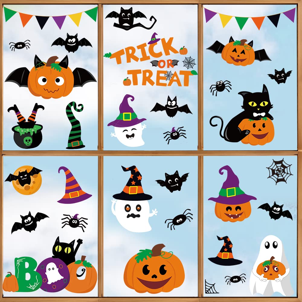 Ivenf Halloween Decorations Indoor Window Clings Decor, Large Cute Pumpkin Ghost Black Cat Bat Trick or Treat Window Decals for Glass Windows, Kids School Home Office Party Window Stickers, 4 Sheets