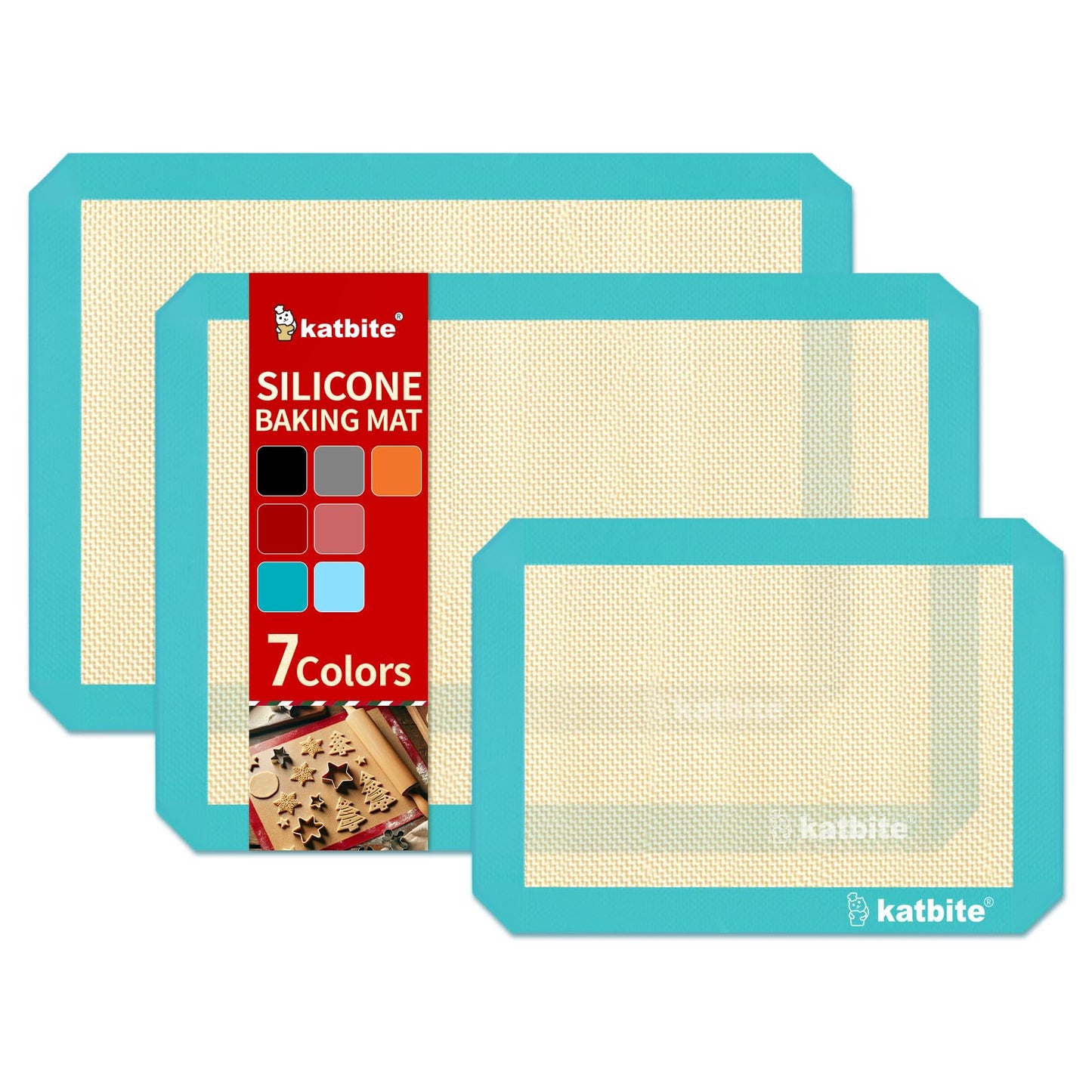 Katbite Silicone Baking Mat Colorful Collection - Set of 3: 2 Half Sheets Mats (11 5/8" x 16 1/2") + 1 Quarter Baking Sheet, Reusable & Nonstick Bakeware Mats for Cookies, Macarons, Bread (Dark Blue)