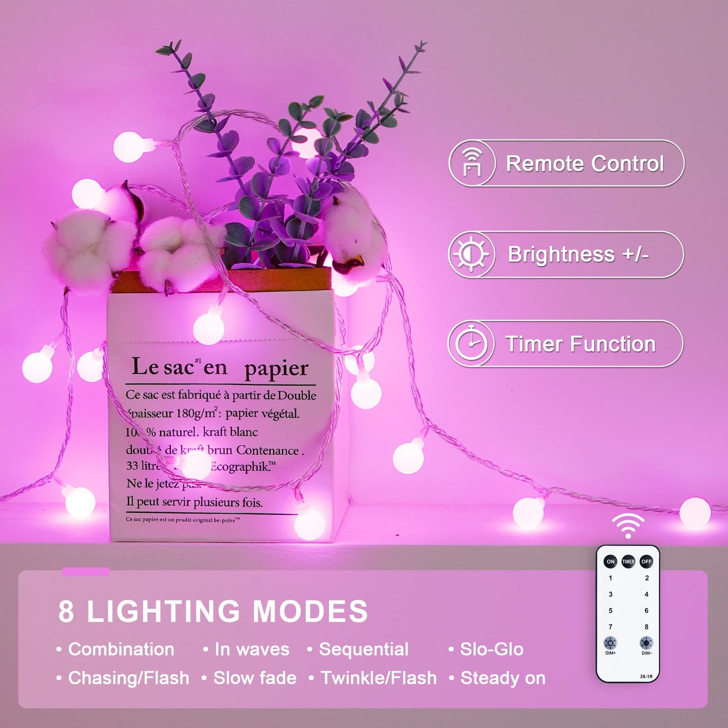 100 LED Pink Valentine Lights Indoor,33 ft Connectable Globe String Lights Plug in, 8 Mode Fairy String Light with Remote for Bedroom Girl Room Anniversary Party Valentines Day Decorations