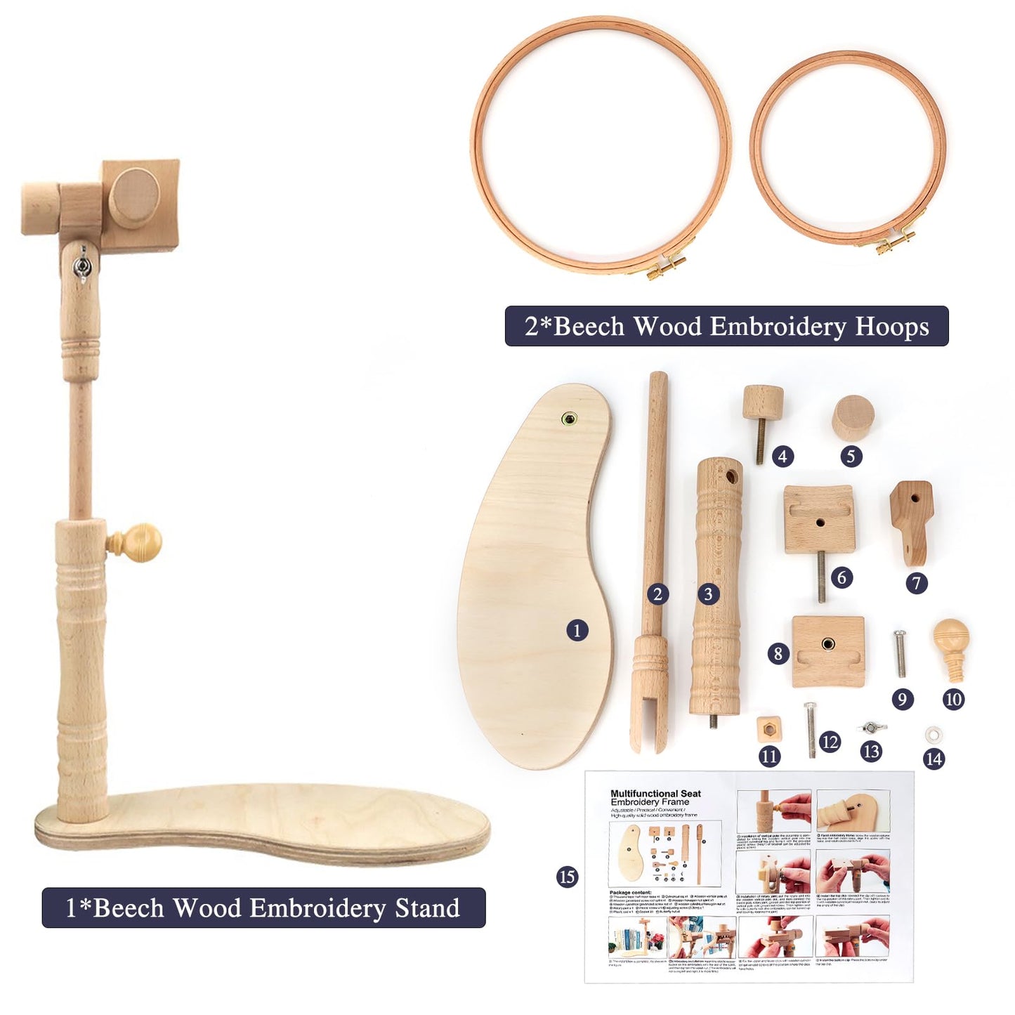 ZOCONE Beech Wood Adjustable Rotated Embroidery Hoop Stand with 2 Pcs 6'' 8'' Embroidery Hoops, Wooden Embroidery Stand, Embroidery Hoop Holder for Cross Stitch and Embroidery Project (A)