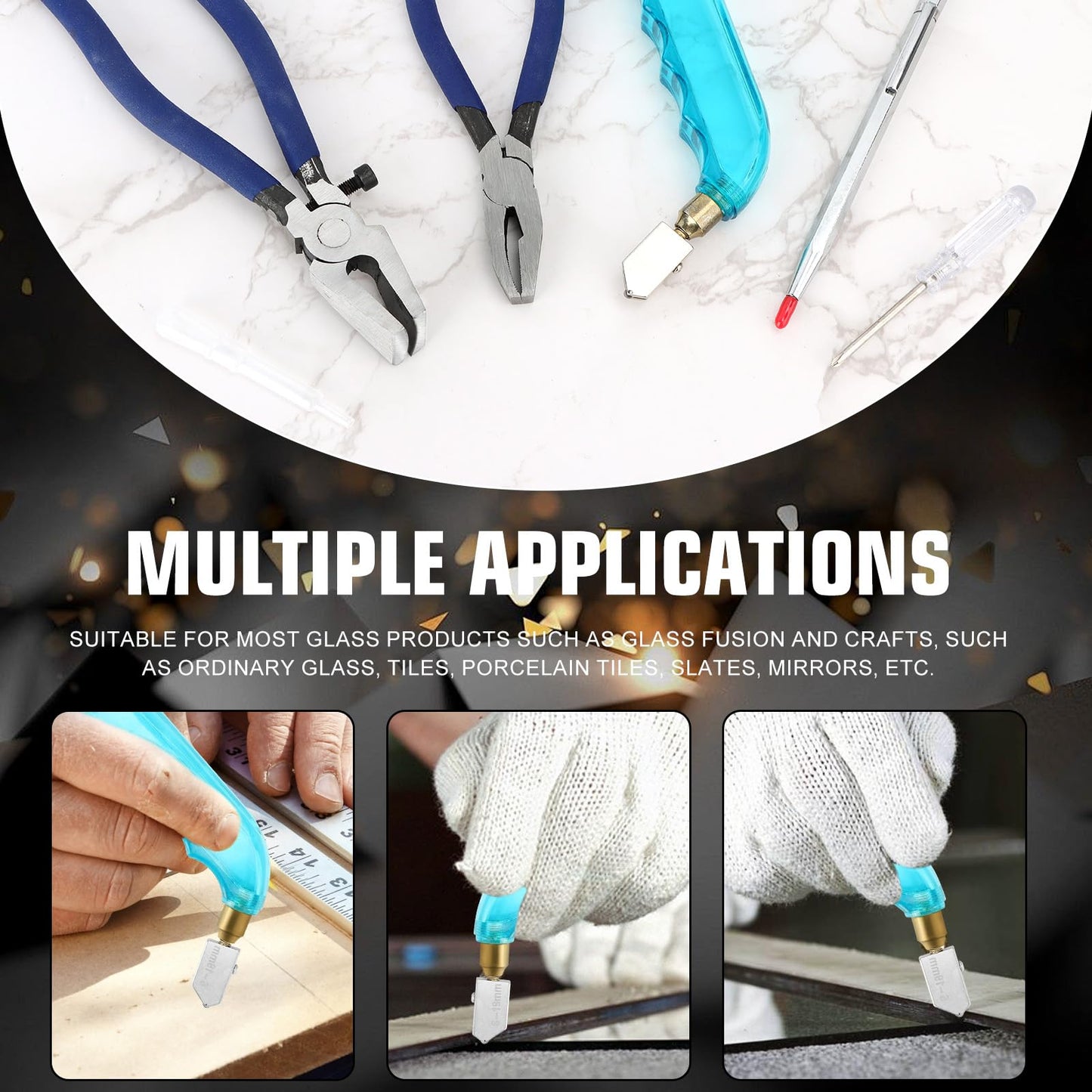 YOTINO Glass Cutting Tool Kit Includes Blue Grip Oil Feed Glass Cutter with 2 pliers, 3 Extra Replacement Head, Tungsten Scribe Engraving Pen, Screwdriver and Oil Dropper