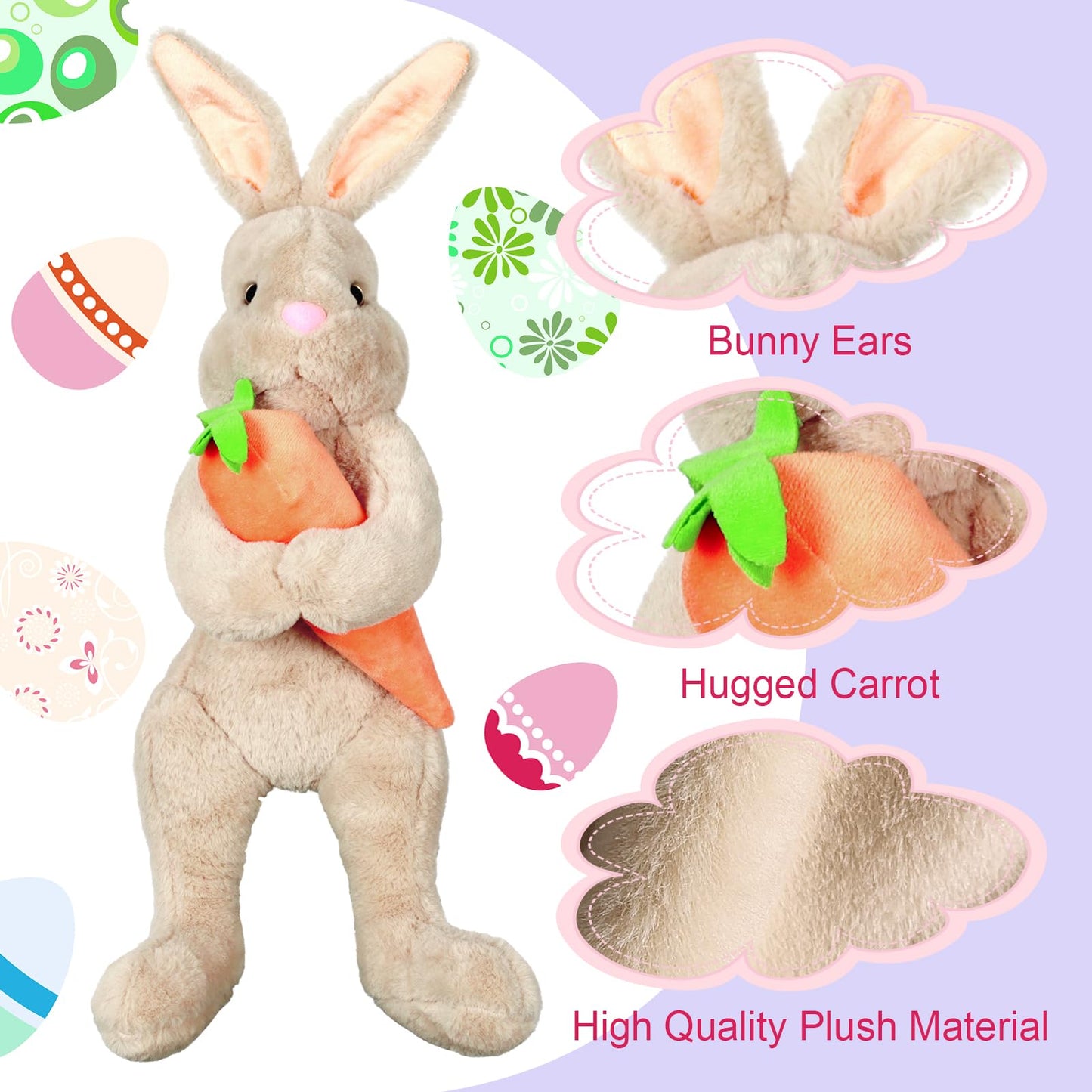 Easter Bunny Tree Topper Decorations,Spring Plush Rabbit Hugged Carrot for Tree Basket Stuffers Holiday Home Party Supplies Decor Gray