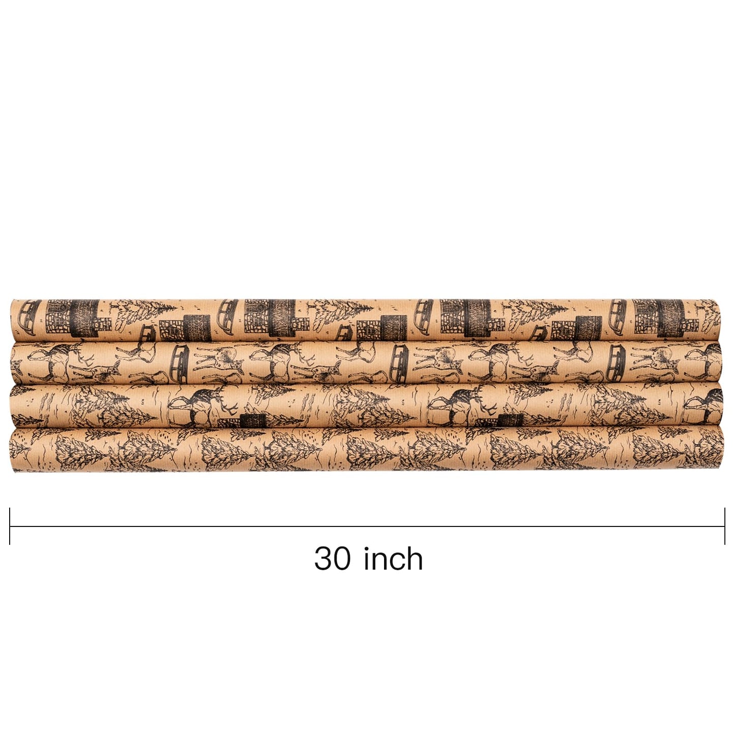 Christmas Wrapping Paper - Black Sketch Design - 4 Rolls - 30 Inches x 10 Feet Per Roll