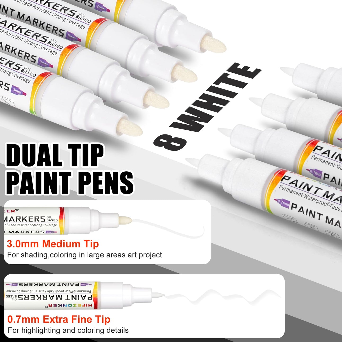 White Paint Pen White Paint Marker - 8 Pack Dual Tip Oil Based White Permanent Markers,Extra Fine Tip & Medium Fine Tip(0.7mm & 3mm),Quick Drying, Waterproof, Marker Pen for Fabric, Easter Egg, Glass
