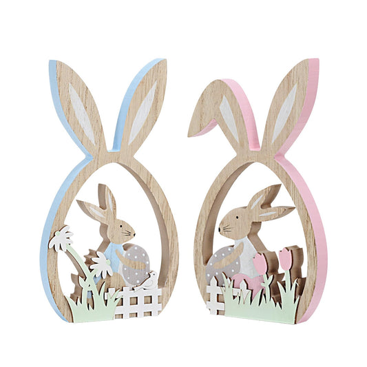 2Pcs Easter Decorations for the Home Farmhouse Rustic Wooden Bunny with Egg Easter Tiered Tray Decor Happy Spring Decoration for Indoor Home Party Easter Tabletop Decoration Easter Gifts for Kids