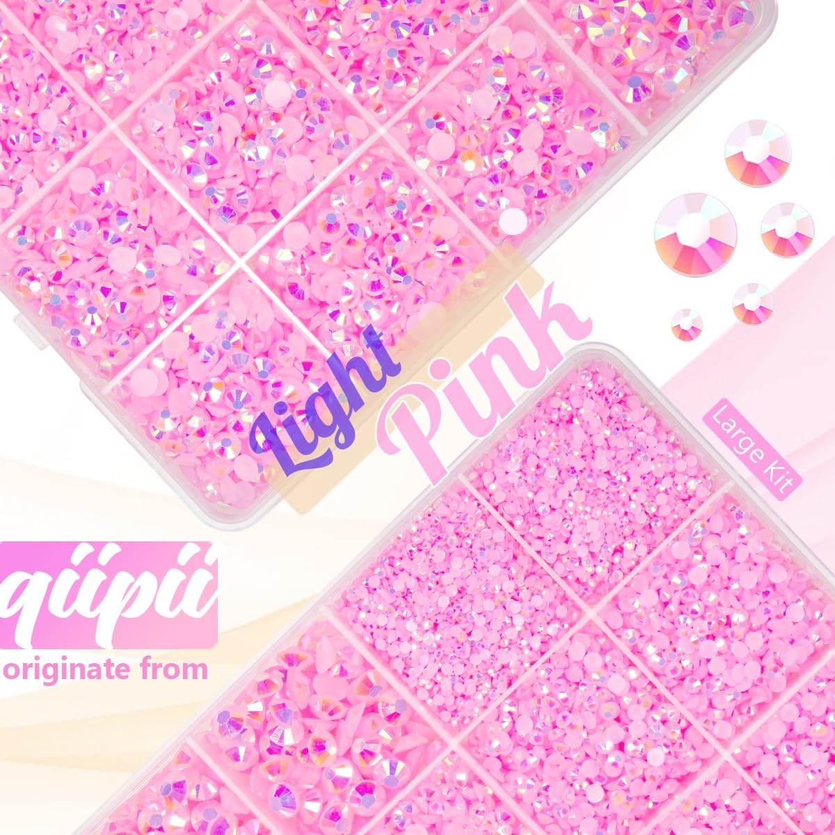 qiipii Light Pink AB Resin Rhinestones w B7000 Glue for Bedazzling Crafting 2mm-6mm Flatback Jelly Stones Diamonds Gems Bedazzler Kit Charms for Nails Face Eyes Makeup Tumblers Bottles Crafts Shoes