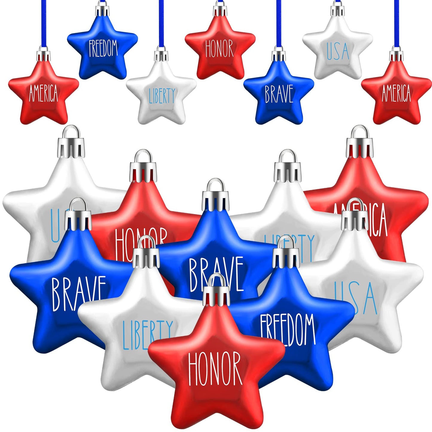 Honoson 24 Pcs 4th of July Star Ornaments Patriotic Tree Decorations Star Independence Day Hanging Ornament Red Blue White 250th Anniversary for Party Tree Decor