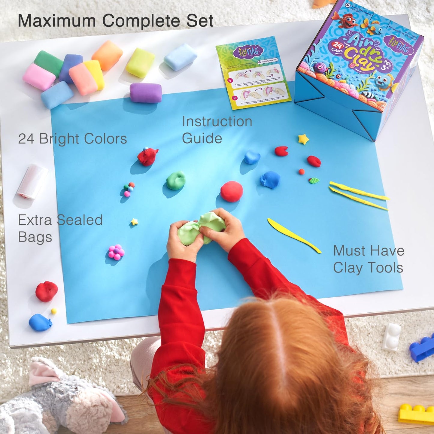 Air Dry Clay Kit - 24 Colors, Soft & Ultra Light, Modeling Clay for Kids with Accessories, Tools and Tutorials