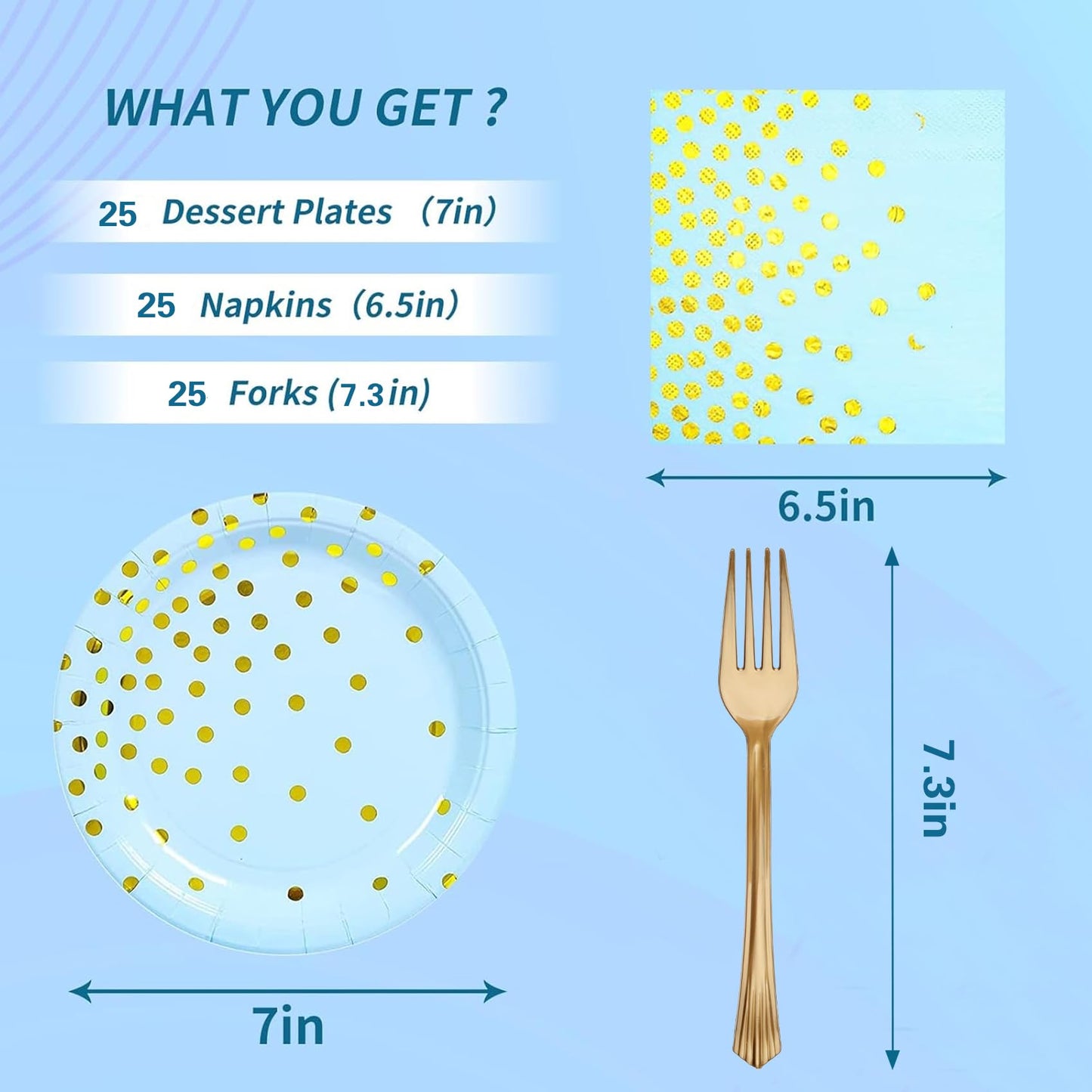 Blue Gold Paper Plates and Napkins Tableware Set-25 x 7''Dessert Plates & 25 x 6.5''Napkins & 25 x 7.3''Forks,Blue Party Supplies for Baby Showers,Birthday,Wedding,Bridal Shower,Anniversary(Serve 25)