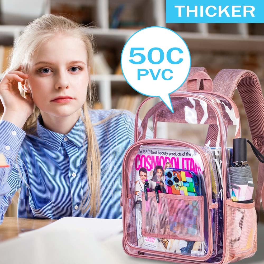 AGSDON Clear Backpack, Heavy Duty Transparent Bookbag, See Through PVC Backpacks for Women - Pink