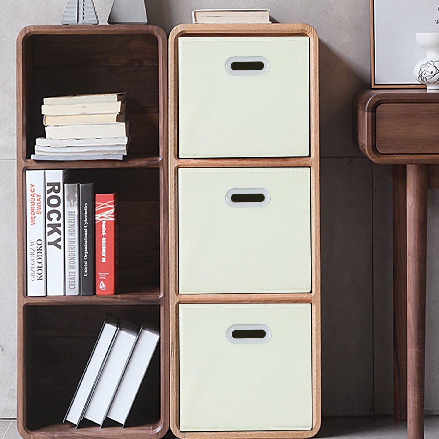 STOREONE Fabric Storage Bins Cubes Baskets Containers-(11X11X11) with Dual Handles Cube Storage Organizer Bins for Shelf Closet, Bedroom Organizers, Foldable Set of 3 (Creamy- White )
