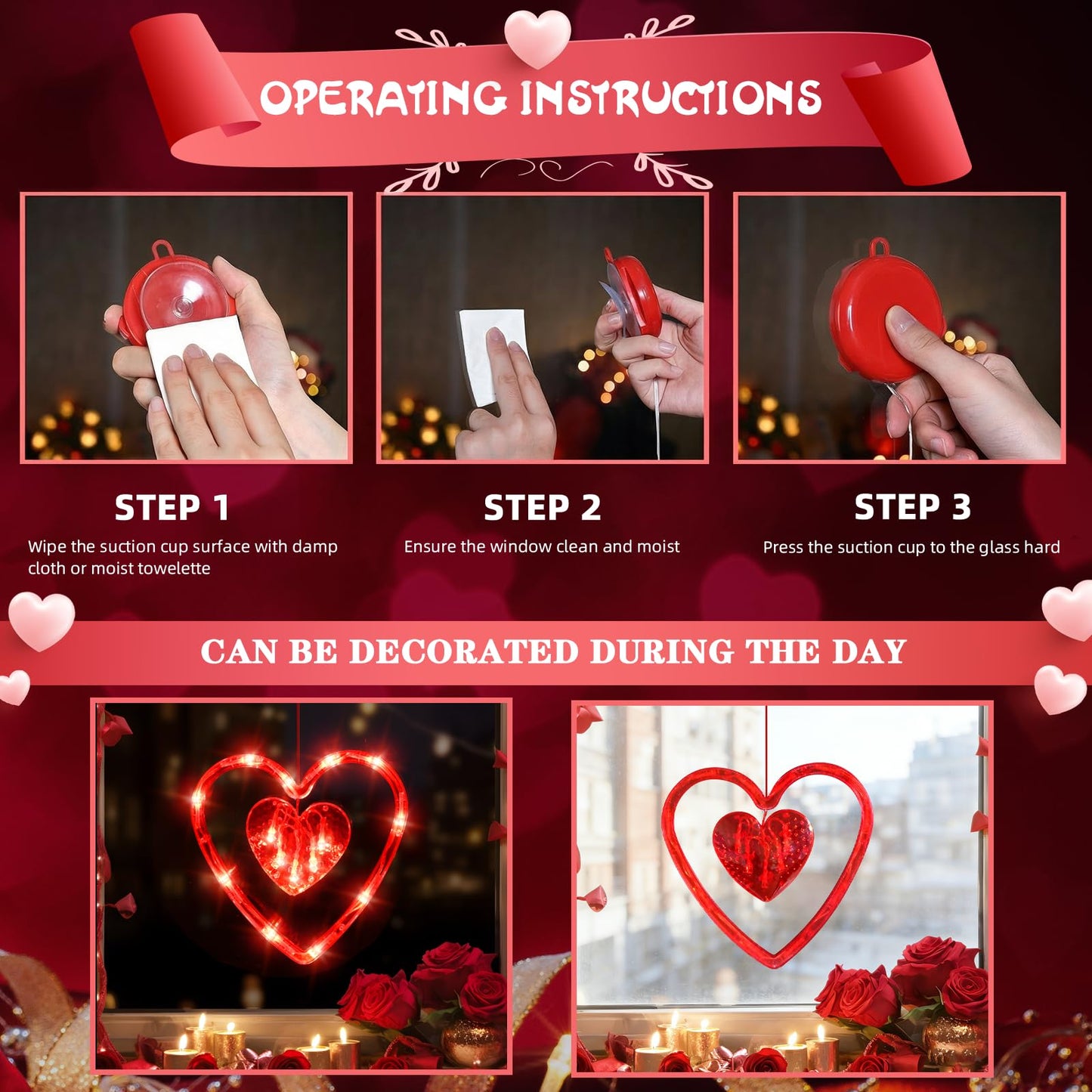 3 Pack Valentines Day Window Lights Decor with Timer, Battery Operated Red Heart-Shaped Window Decorations Silhouette Sucker LED Lamp Slow Fade Mode Hanging Lights for 2026 Holiday Indoor Home