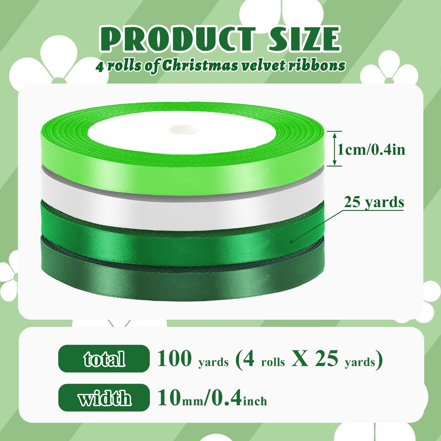 St. Patrick's Day Ribbons, 4 Rolls 100 Yards St. Patrick's Day Ribbons 10mm Wide Green Satin Ribbons for Gift Wrapping and Craft Decoration, White & Green