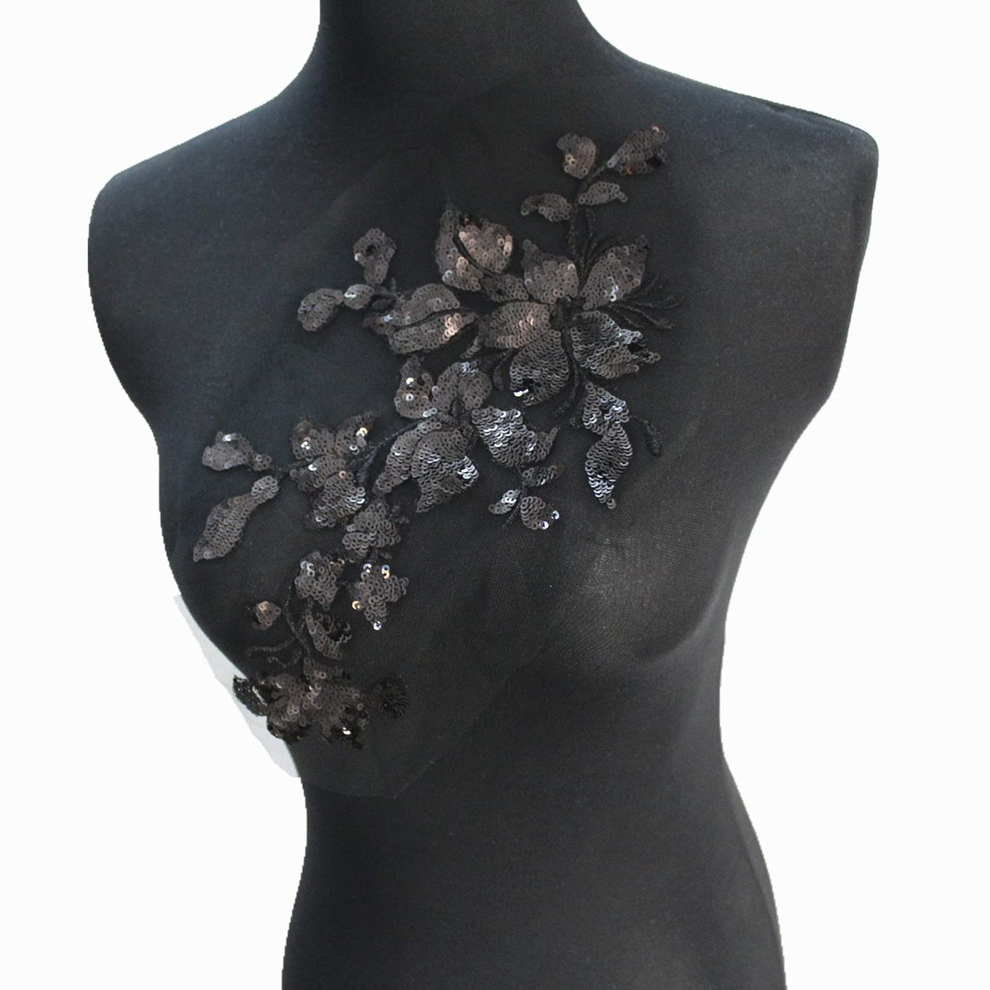 SUNMOVE Embroidery Sequin Lace Applique Sewing Flower Fabric Collar Patch for Wedding Gown Dress Bridal DIY Crafts(Black)
