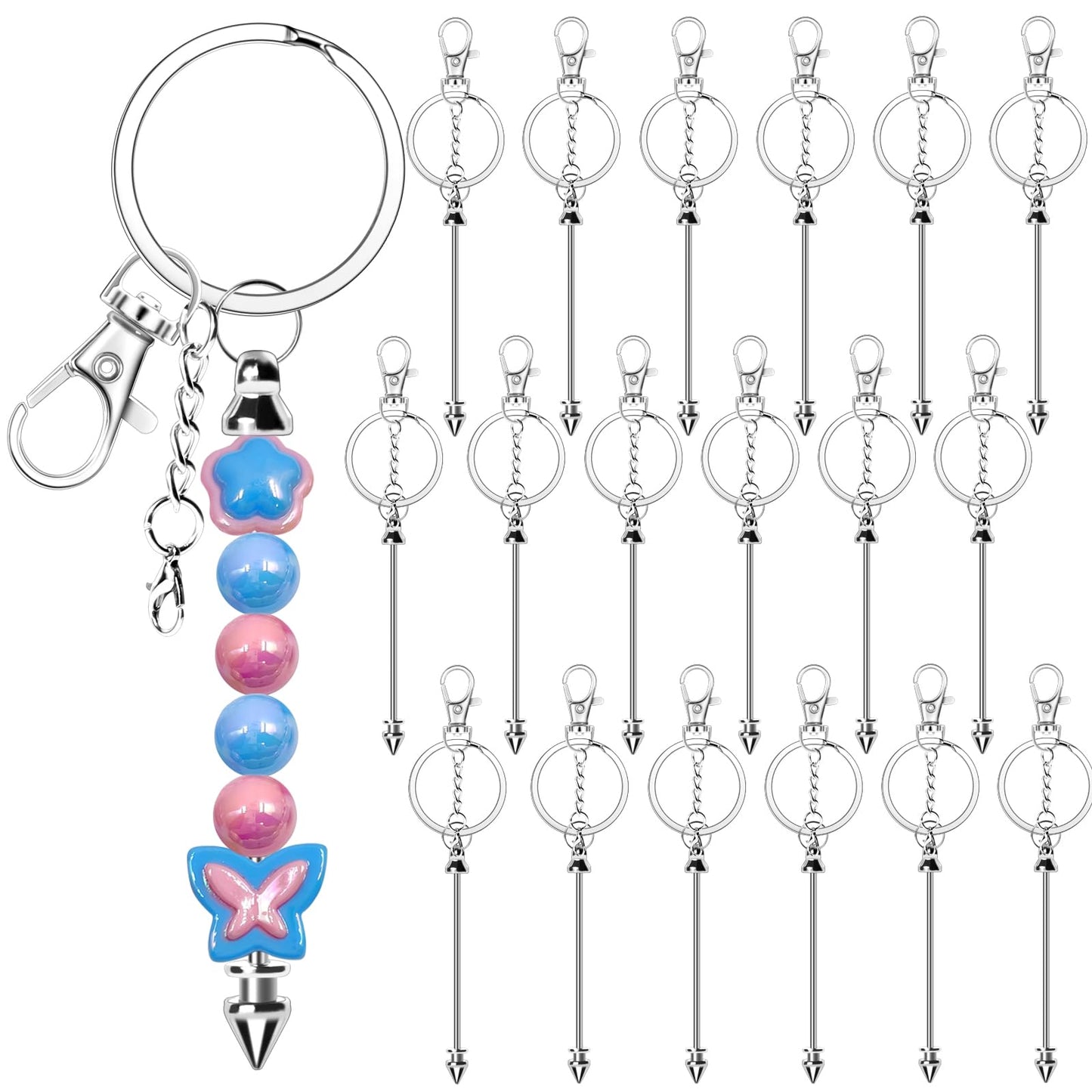 CXIIPOL 18 Pack Beadable Keychains Bars DIY Blank Beadable Keychains Metal Beaded Keychain Sliver Beads Keychain Making Kit for DIY Crafts Supplies Jewelry Making Gift